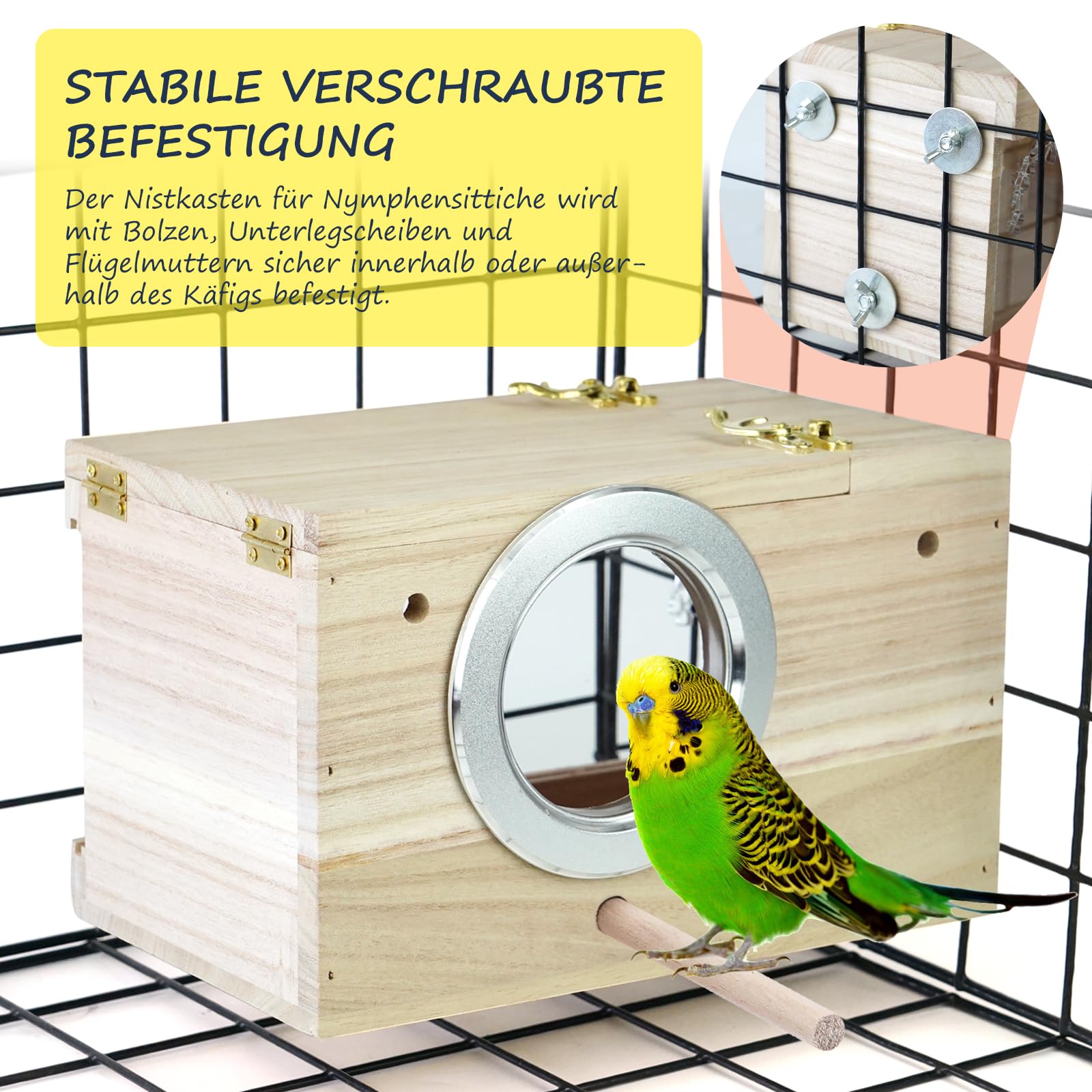 Nichoir transparent perruche avec perchoir en bois et fenêtre de visualisation