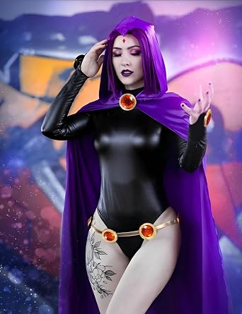 Kitimi Raven TeenTitans Cosplay Costume,Raven Women's Costume, Jumpsuit With Purple Cloak,Halloween Cosplay Costume for woman (L)