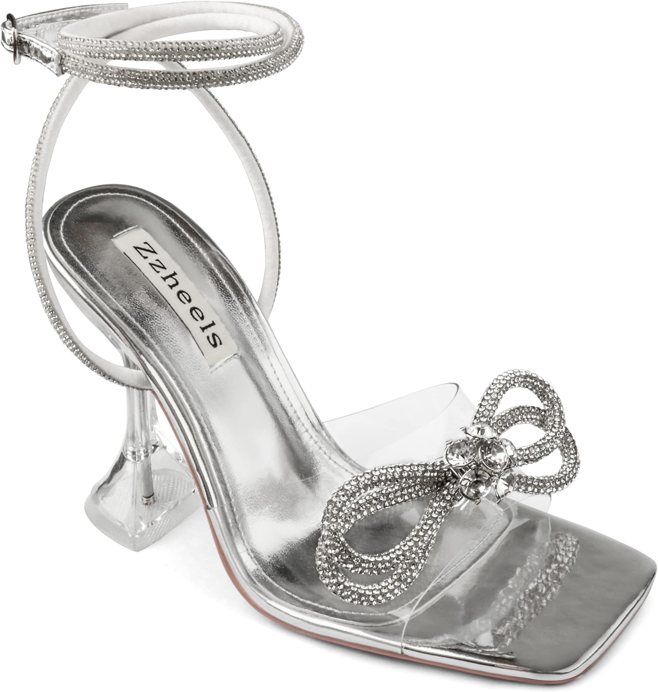 Double Bowknots Crystal Sandals Clear Slingback Heels Square Toe Shoes for Party Wedding