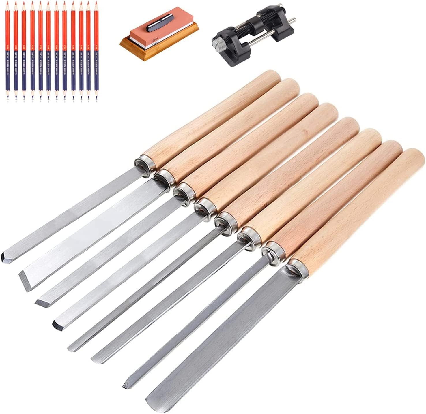 Wood Carving Chisel Set, 8 Piece Professional Wood, Manganese Steel Gouge, Including Carpenter's Pencils, Whetstone, Honing Guide,