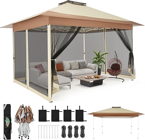 Miniatura 15 de COBIZI - Tienda desplegable de 3,66 x 3,66 metros en oferta - Cenador portátil de metal para exteriores con mosquitero, impermeable - Cenador Caqui