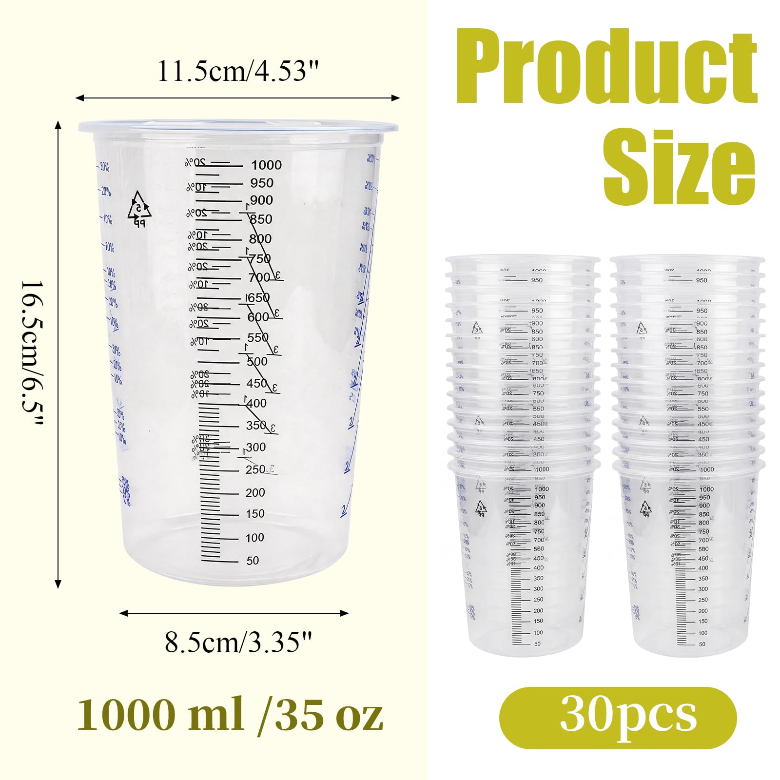 Lot de 30 tasses à mesurer en plastique transparent de 1 000 ml avec échelle double face, tasses graduées pour mélange de pigments, artisanat, cuisine, laboratoire