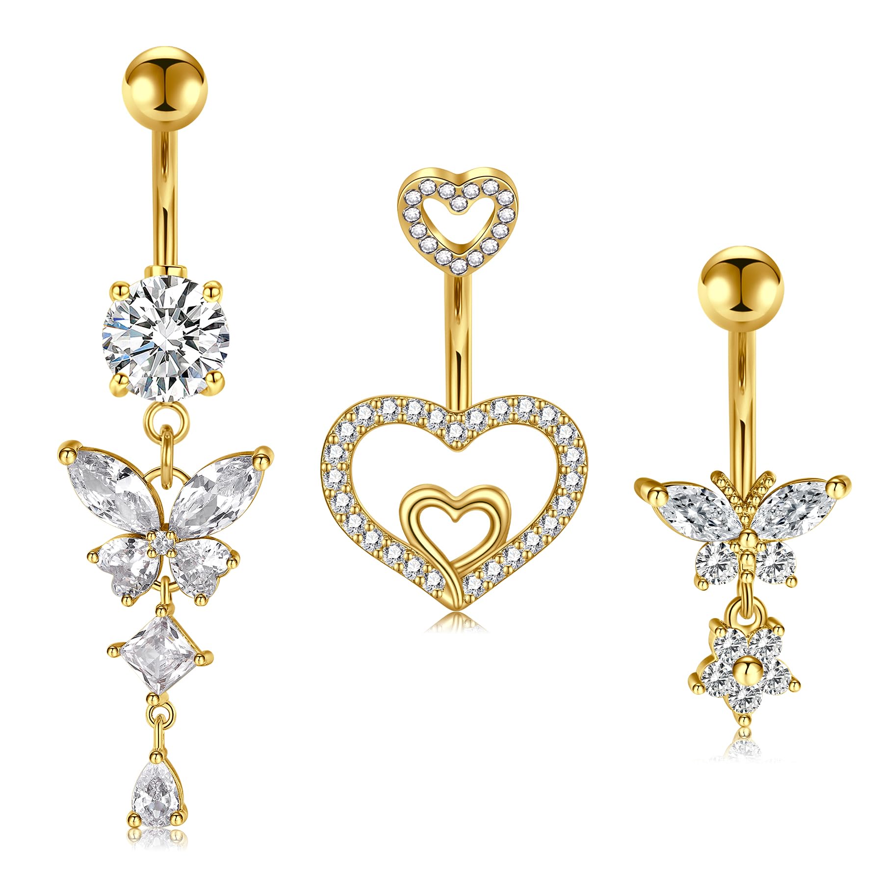 NIUSIMAN 3 piezas Piercing ombligo,14G ombligo Piercing de acero quirúrgico de plata oro CZ corazón mariposa ombligo joyería bola de cristal ombligo Piercing largo Barbell Set para Mujeres