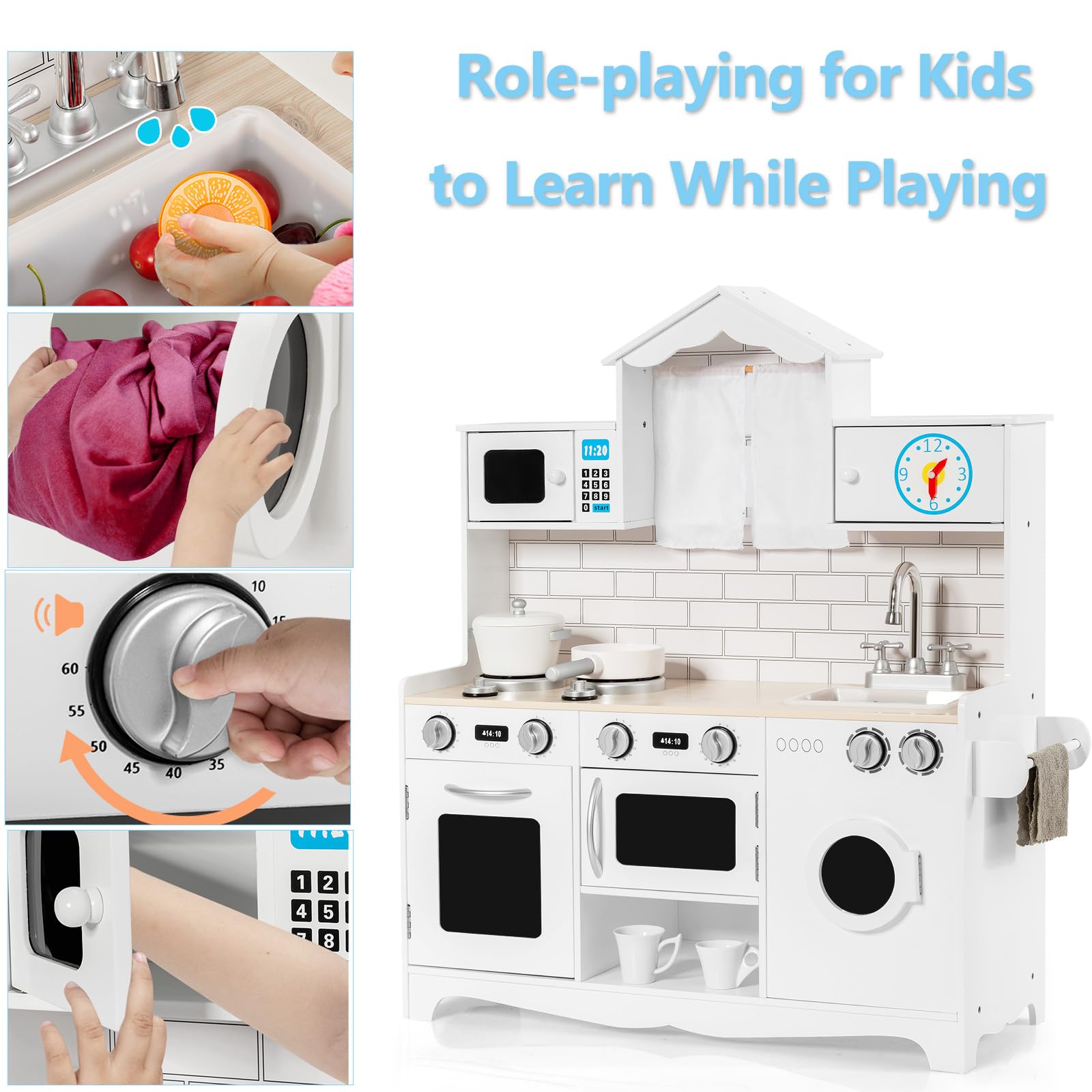 HOMASIS Cucina in Legno per Bambini con Rubinetto, Lavello e Forno - Giocattolo educativo per 3+ anni, Bianco