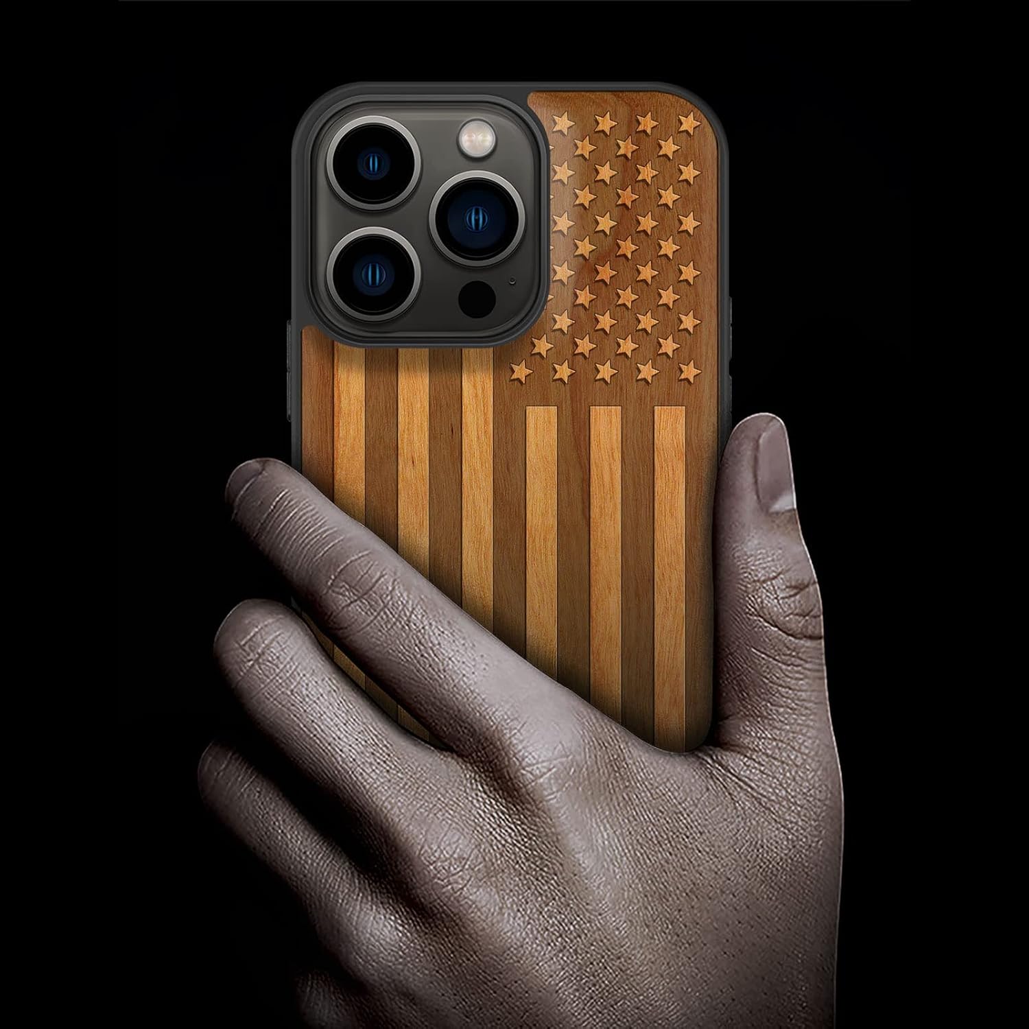 Carveit Magnetic Wood Case for iPhone 13 Pro Case [Hard Real Wood & Soft TPU] Unique & Classy Wooden Shockproof Hybrid Protective Cover Compatible with MagSafe (American Flag-Cherry)