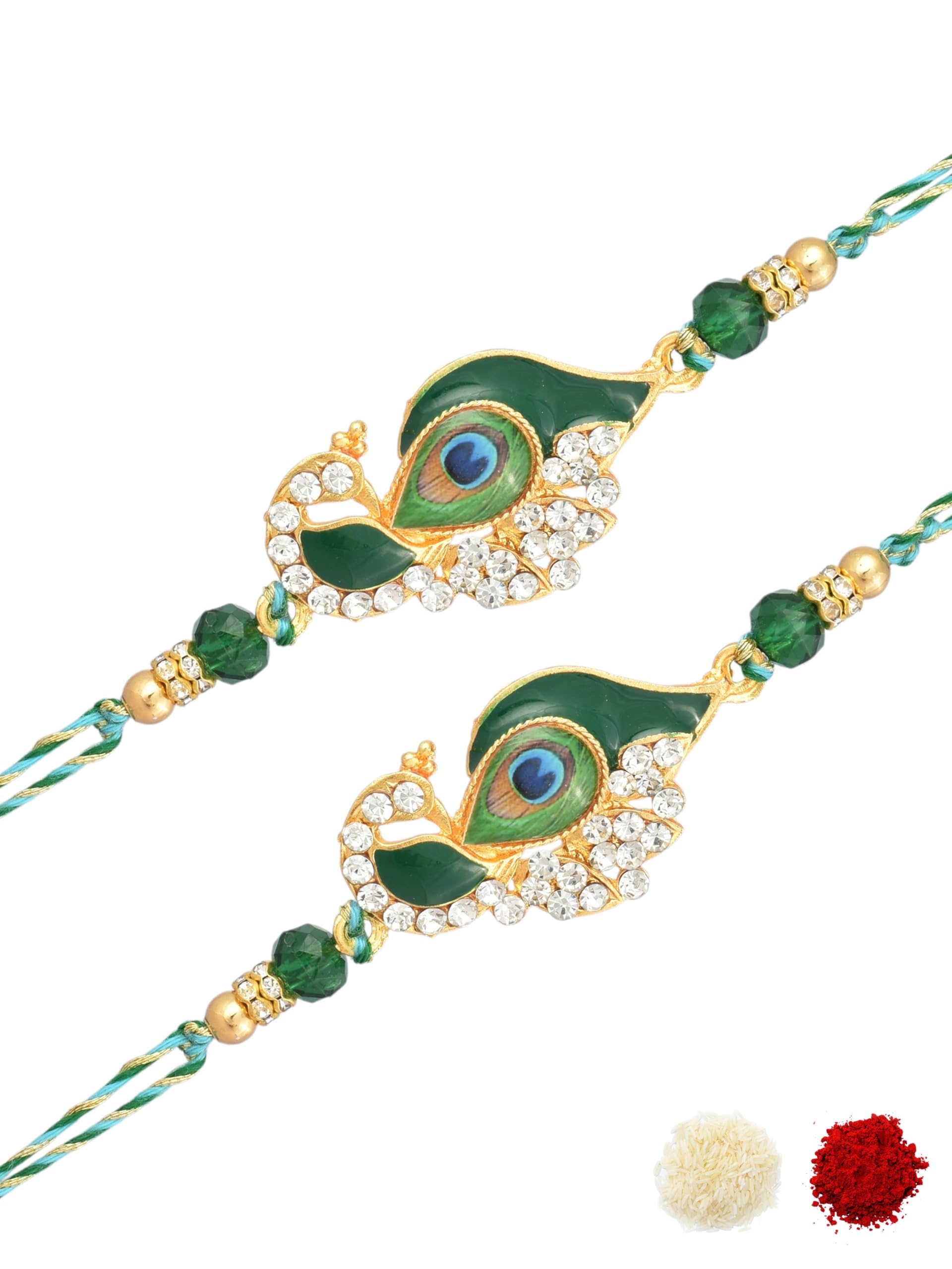 Emerald Green Premium AD Studded Peacock Design Gold Plated Traditional Beaded Pack of 2 Festive Rakhi for Brothers, Bhaiya, Bhai, with Roli Chawal & Greeting Cad for Raksha Bandhan-14-image-11