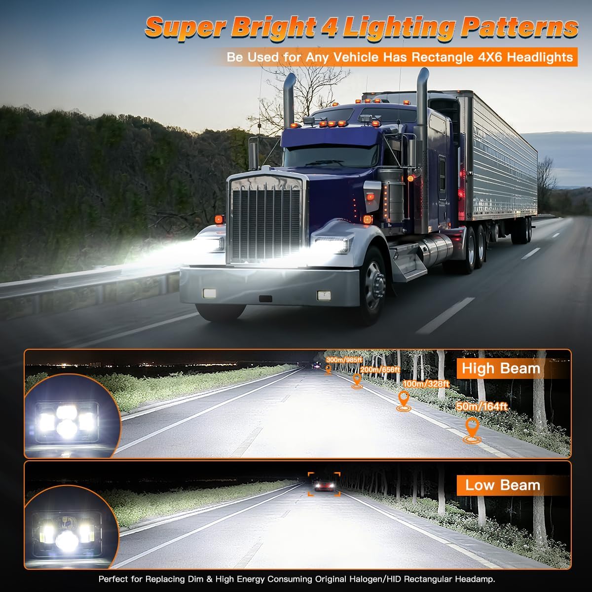 4x6 In LED Headlights High Low Beam 4PCS Rectangle Headlamps H6545 H4668 H4656 H4651 H4652 H4666 H4642 Headlight for Ford GMC Truck Van Kenworth T800 W900 Peterbilt Oldsmobile