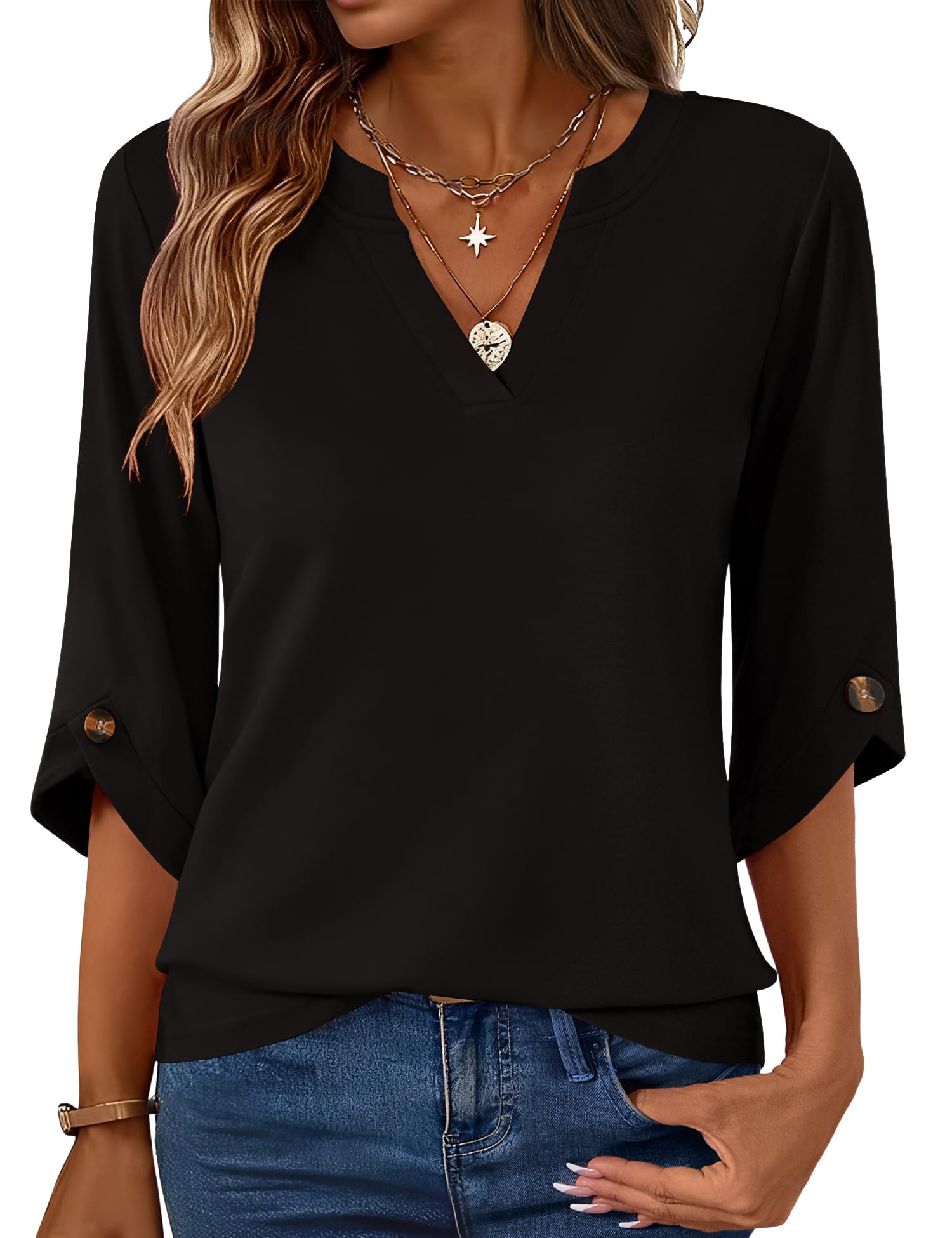 Rapbin Bluse Damen 3/4 Arm Langerm Oberteil Shirt 2026 Sommer Elegant Top Oberteile V Ausschnitt Blusen Lässig Locker Tunika