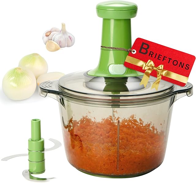 Brieftons Express Vegetable Chopper: 2-Litre, Quick Vegetable Manual Hand Chopper to Chop Veggies, Fruits, Herbs, Tomato, Garlic, Onion Chopper for Salad, Salsa, Pesto, Coleslaw, Puree, Indian Cooking