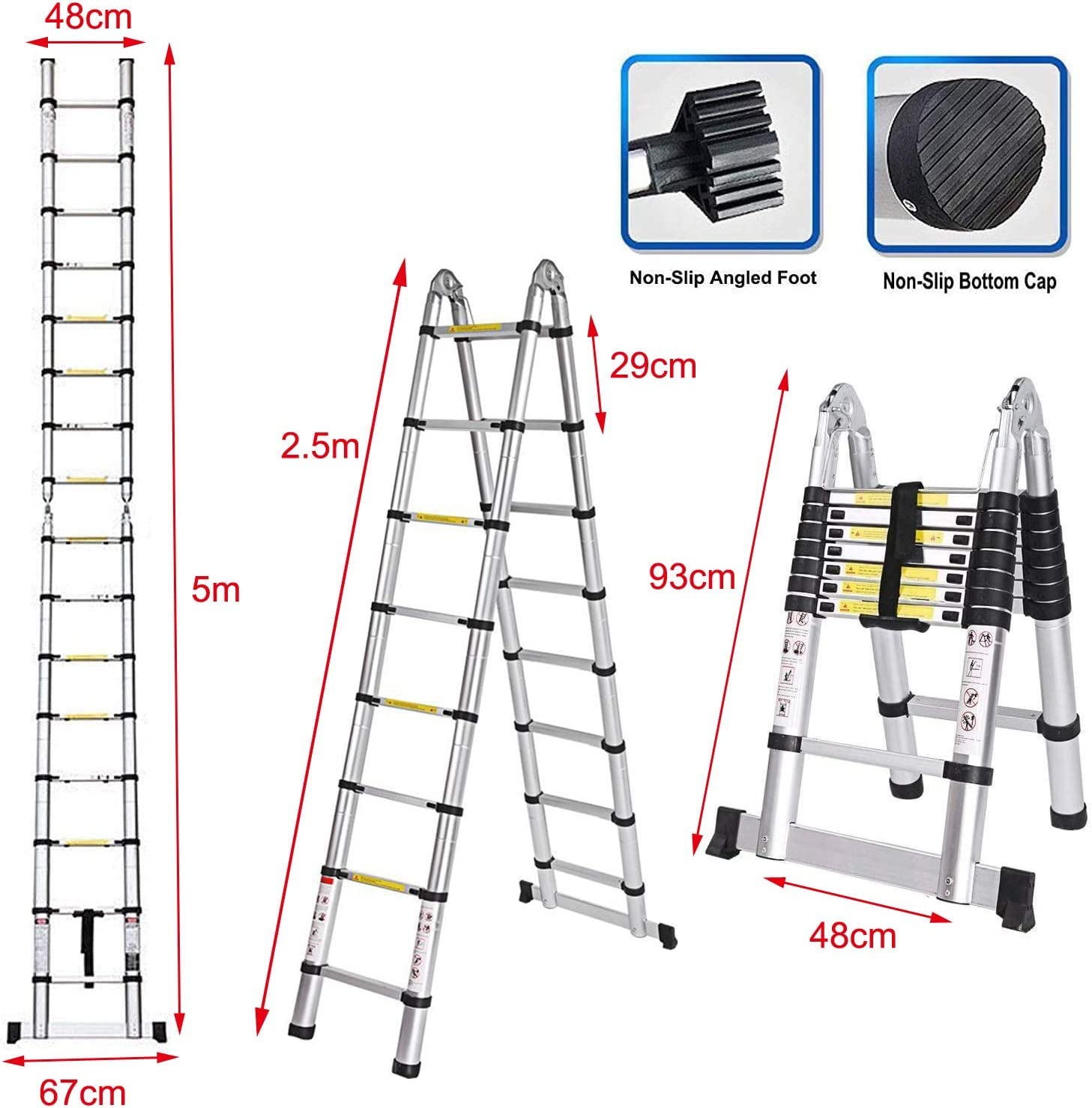 TREPPE Escalera Telescópica Aluminio Doble Cara 5m (2,5m + 2,5m)