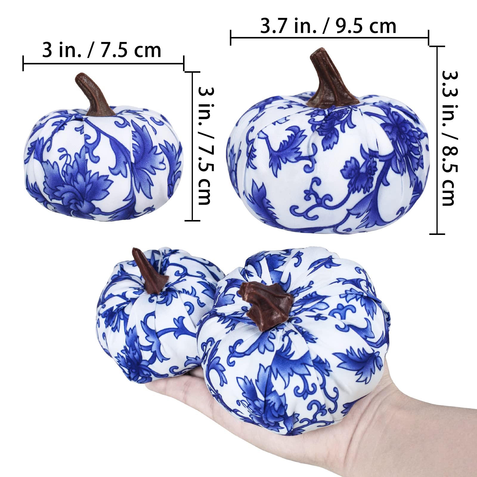 12 Petites Citrouilles Décoratives En Tissu Bleu Et Blanc | 7,6 Cm | Décoration Automne, Thanksgiving, Mariage, Halloween | Motifs Chinoiserie