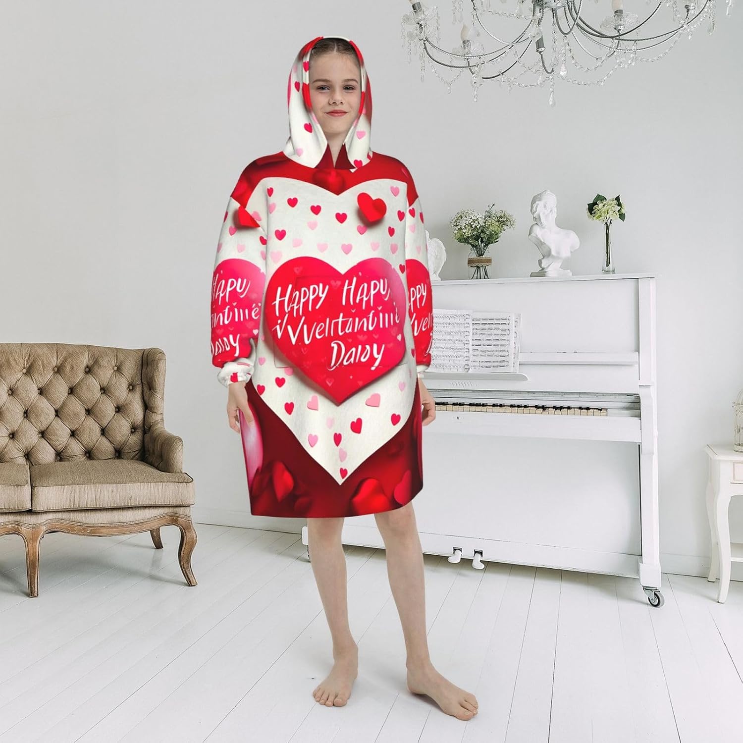 Happy Valentine'S Day Print Oversized Blanket Hoodie, Wearable Blanket Hooded,Hooded Pullover With Pocket