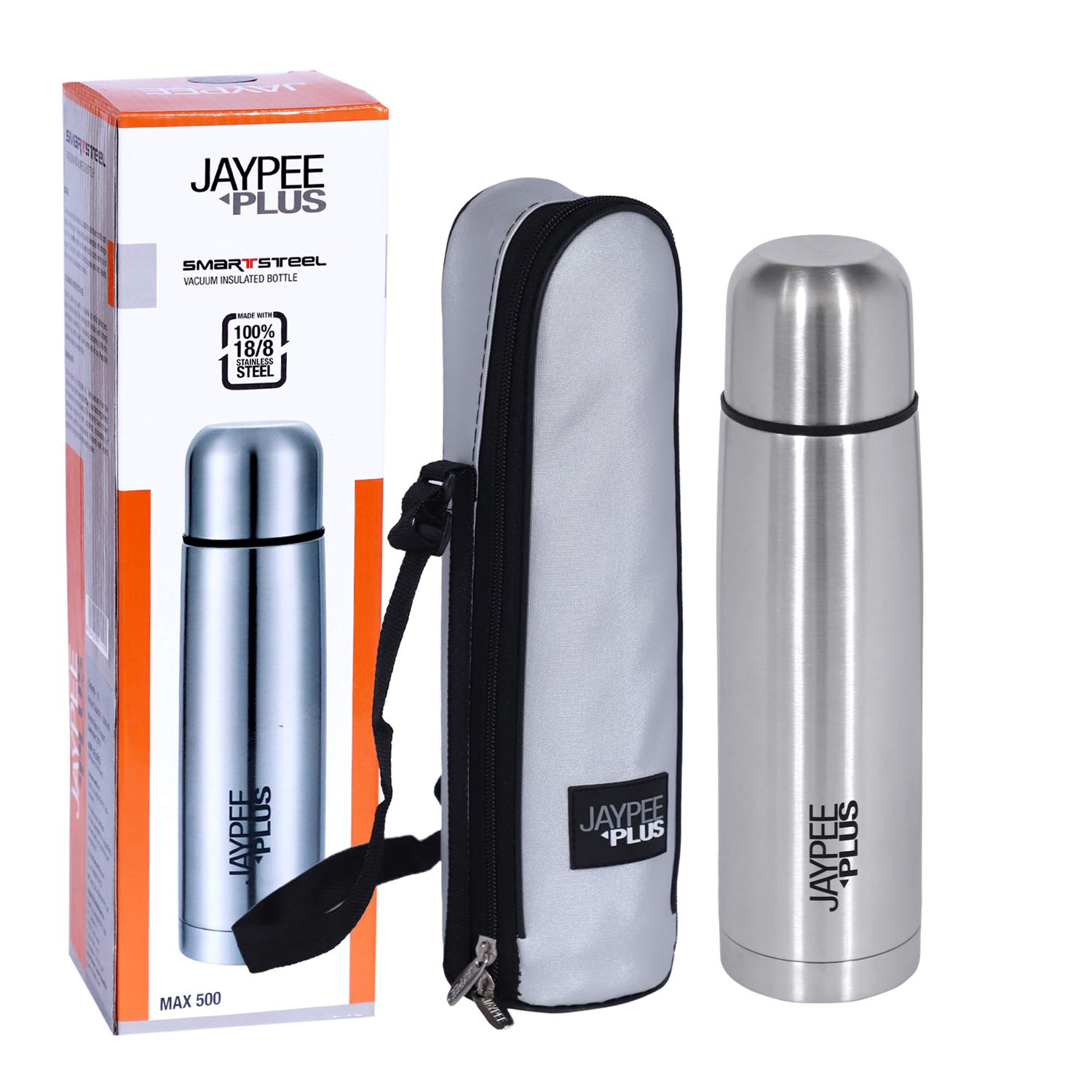 Jaypee PlusMax Thermosteel Water Bottle 500 ml, 24 Hours Hot and Cold Water Bottle with Drinking Lid Leak Proof Insulated Bottle | Flask, Metallic