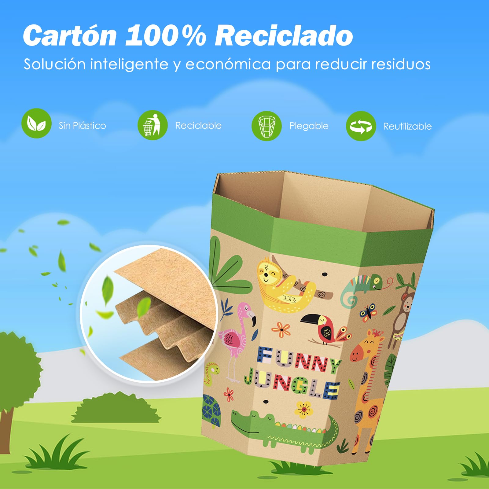 Set de 6 Papeleras de Cartón – Cubos de Basura Plegables, Reciclables, Sin Plástico y Reutilizables para Niños – Pequeñas Basurero para Dormitorios, Salas de Juegos, Habitaciones Infantiles (12L)