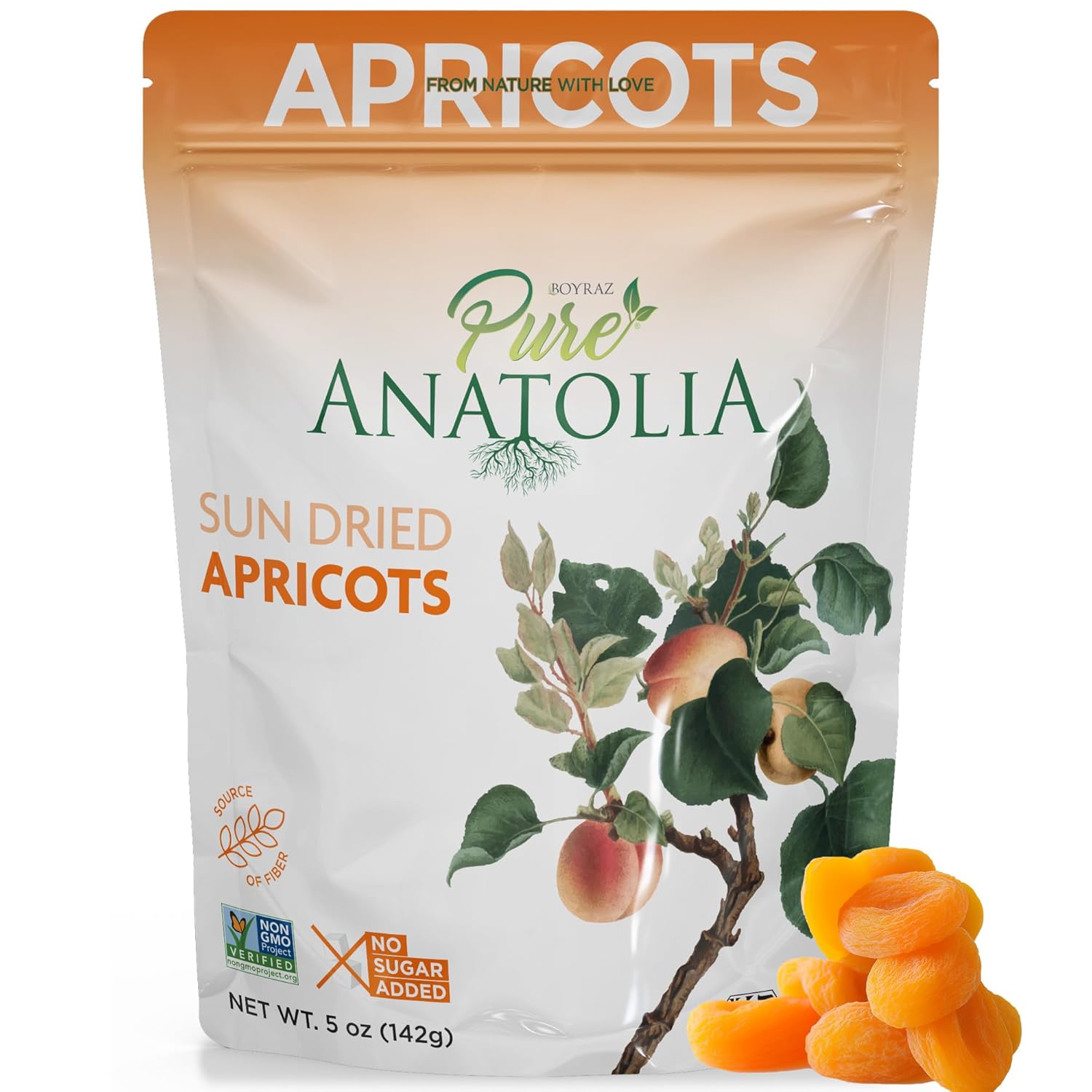 Pure Anatolia Turkish Dried Apricot - Sun Dried Apricots No Sugar Added - Made from Premium Turkish Fruit with Naturally Sweet Flavor, Vegan, Non-GMO Fruit Snack - 5 oz Resealable Bag, 6 Pack