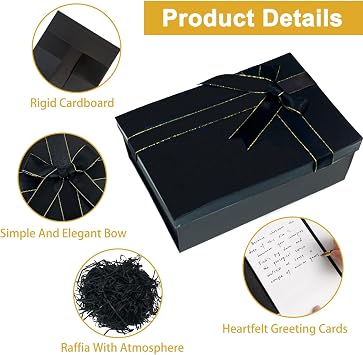 Gift Boxes with Lids Black 25x18x8.5cm, Foldable Present Box | Includes Ribbon, Greeting Card, Shredded Paper, for Weddings, Birthdays, Anniversaries, Christmas, Halloween, Sturdy,Reusable
