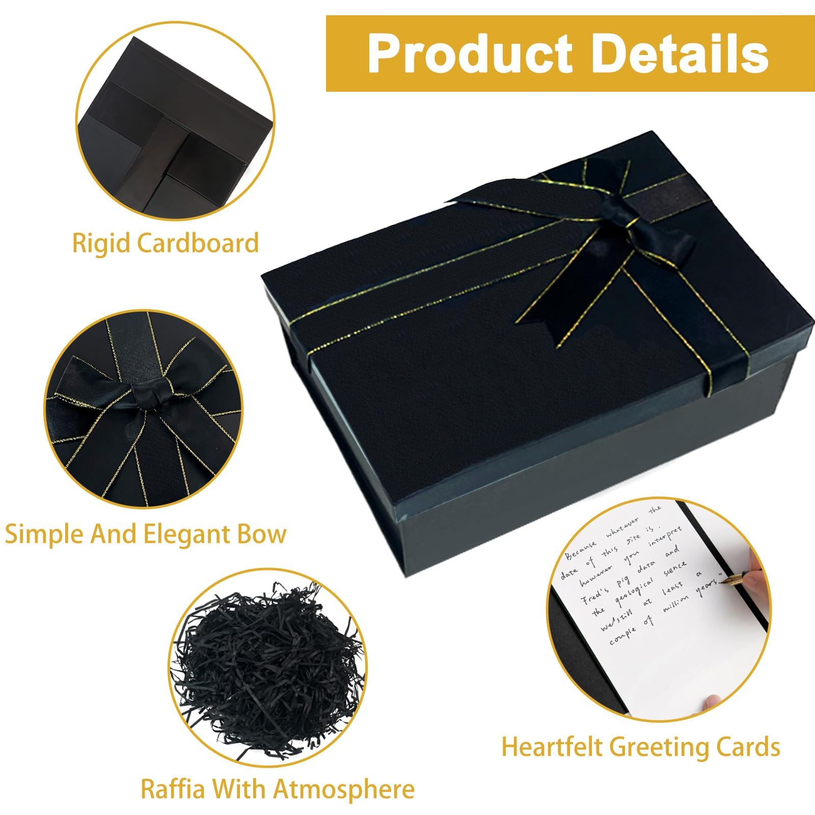 Black Gift Box, Gift Boxes for Presents 25x18x8.5cm Gift Box with Lids Silk Ribbon & Greeting Card - Image 3