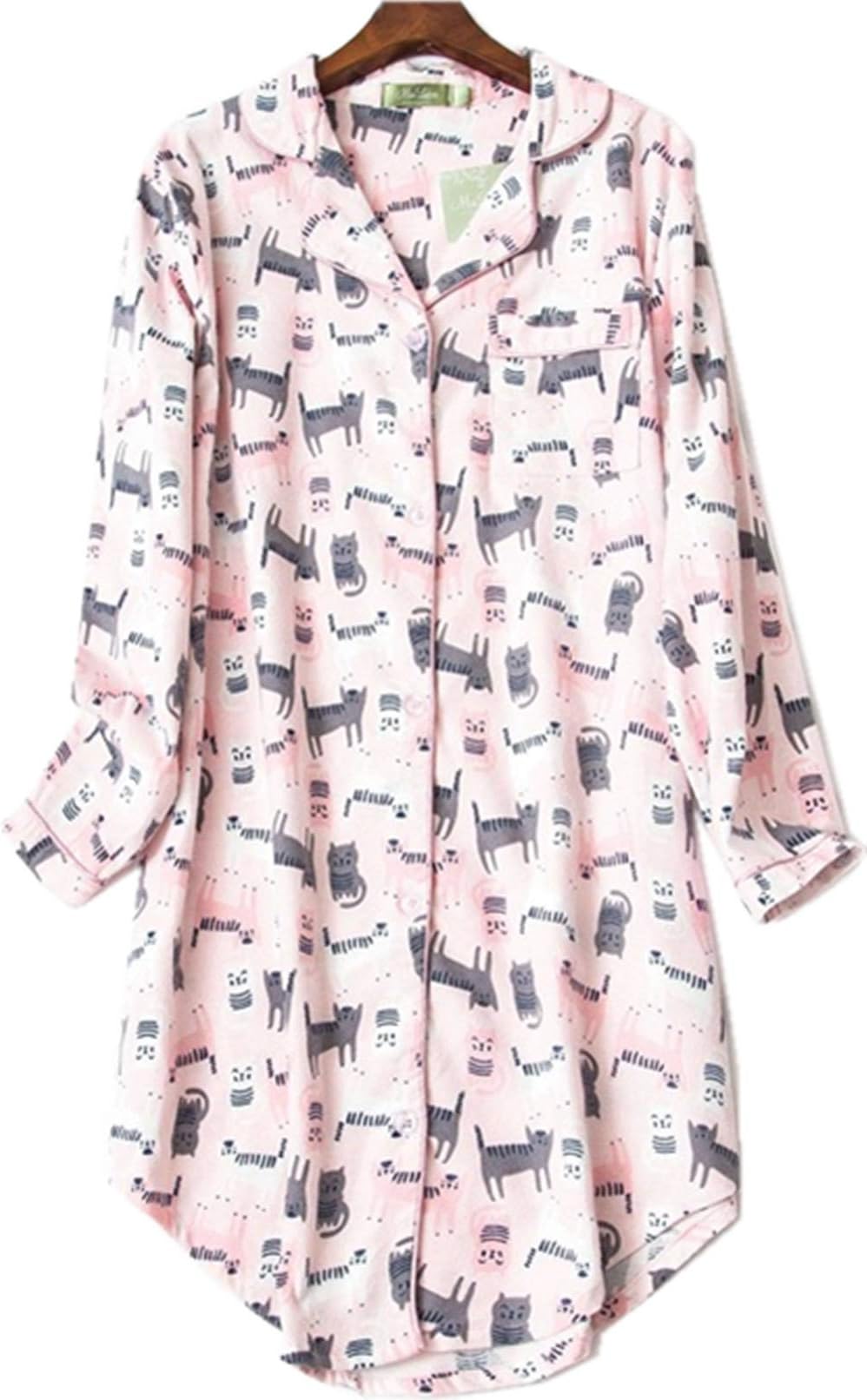Women's Flannel Nightshirt Button Down Boyfriend Nightgown Mid-Long Style Sleepshirt CSY01-Pink Cat-M…