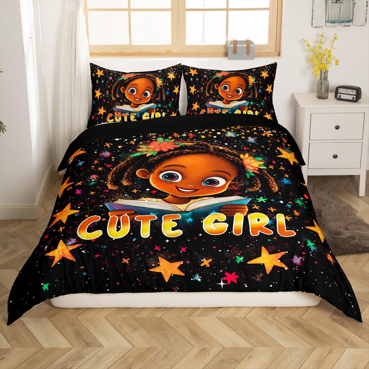 Cute Reading Girl Duvet Cover (NO Comforter),Dreamy Gold Glitter Printing Breathable Comforter Cover,Watercolor Stars Starry Sky Comforter Cover 2 Pcs with 1 Pillowcase Twin Size