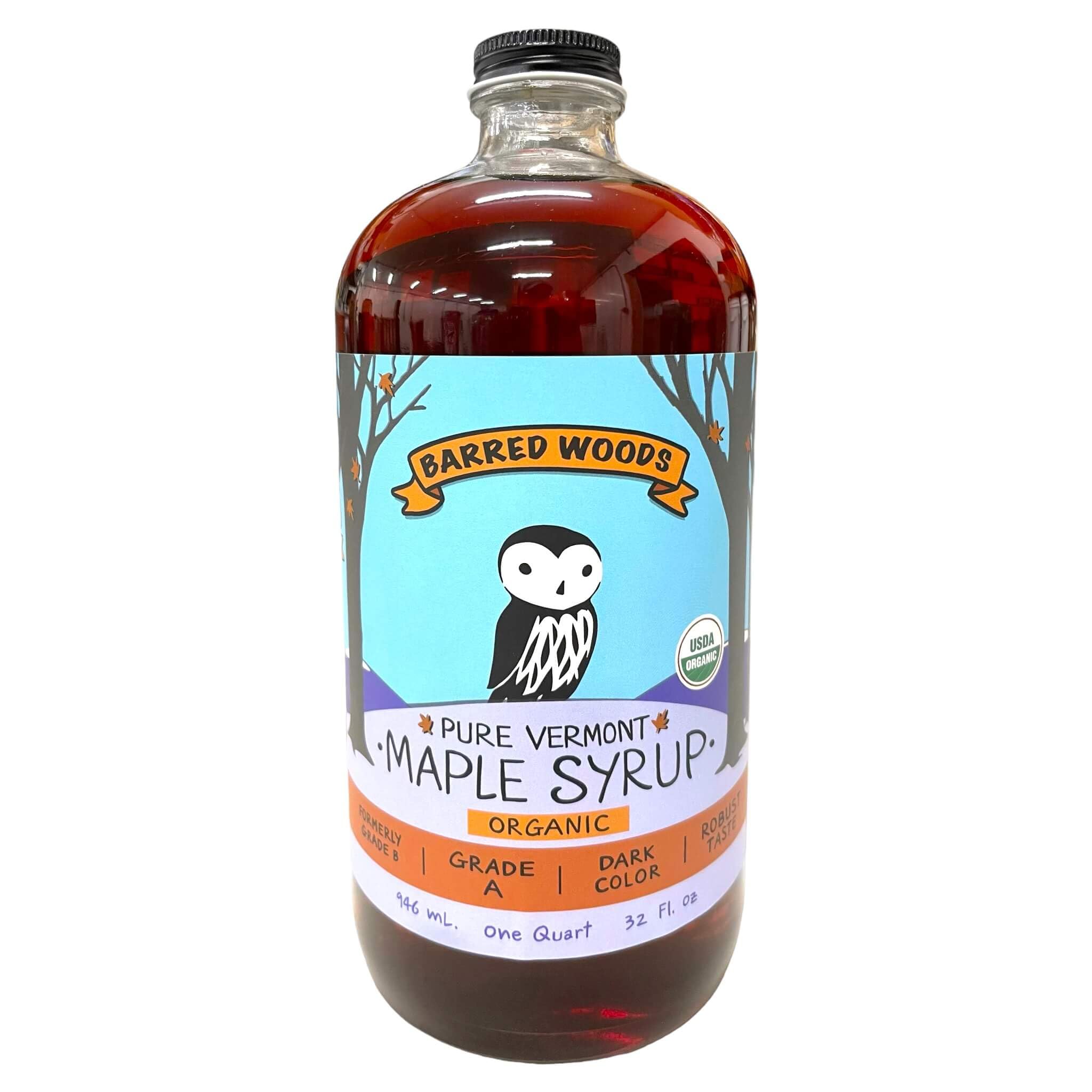 Organic Pure Vermont Maple Syrup in Glass Bottle - From Barred Woods Maple (Grade A Dark Robust (Former Grade B), Quart (32 oz))