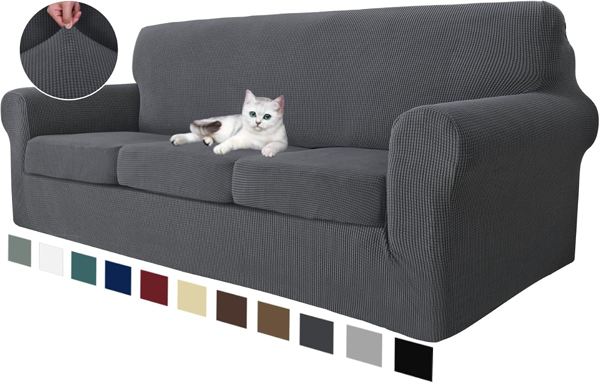 MAXIJIN 4 Piece Couch Covers for 3 Cushion Couch Super Stretch Sofa Cover for Dogs Pet Proof Fitted Furniture Protector Spandex Jacquard Non Slip Magic Couch Slipcover Washable (Large, Gray)