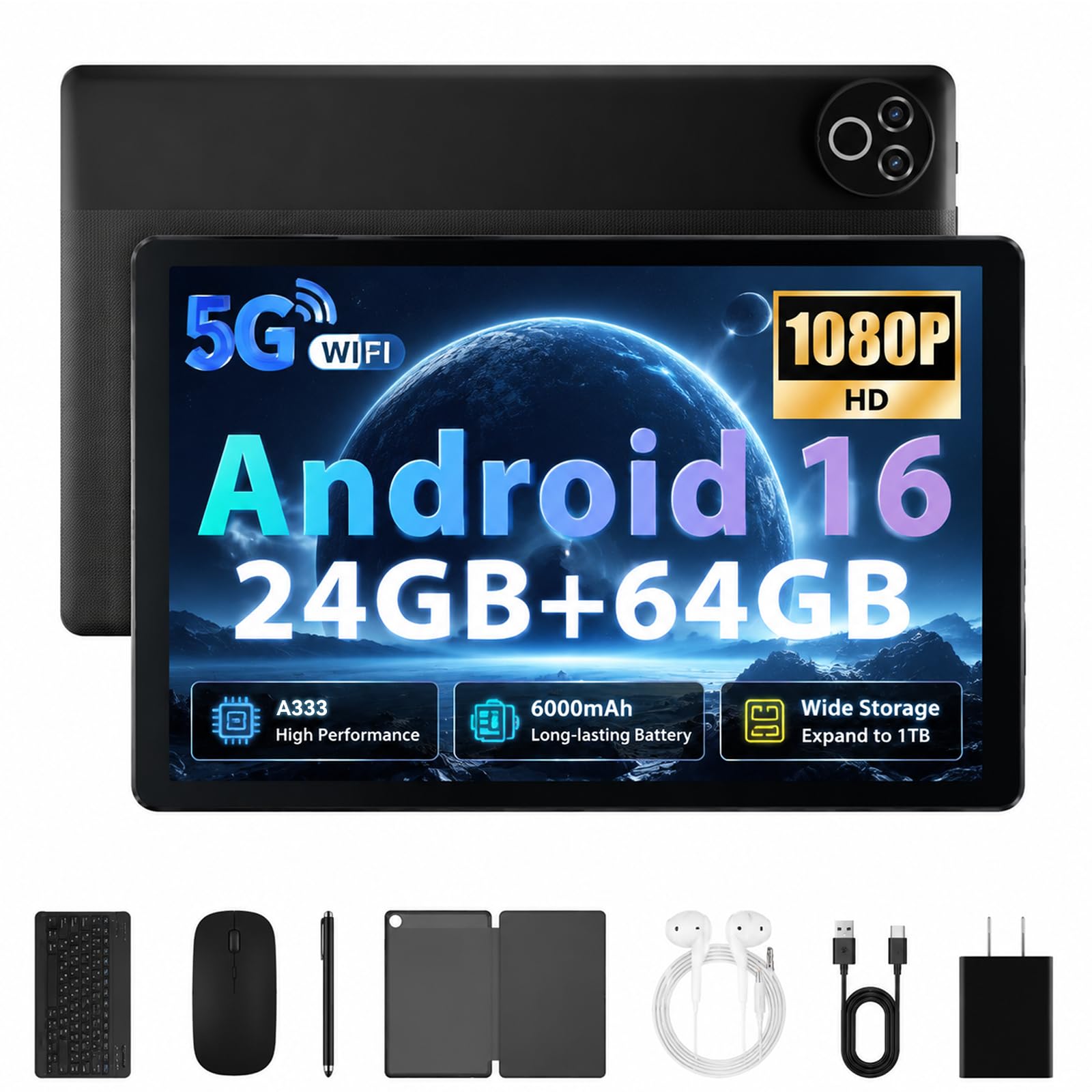 Tablet 10 Pulgadas Android 16, 24GB RAM + 64GB ROM, 6000mAh