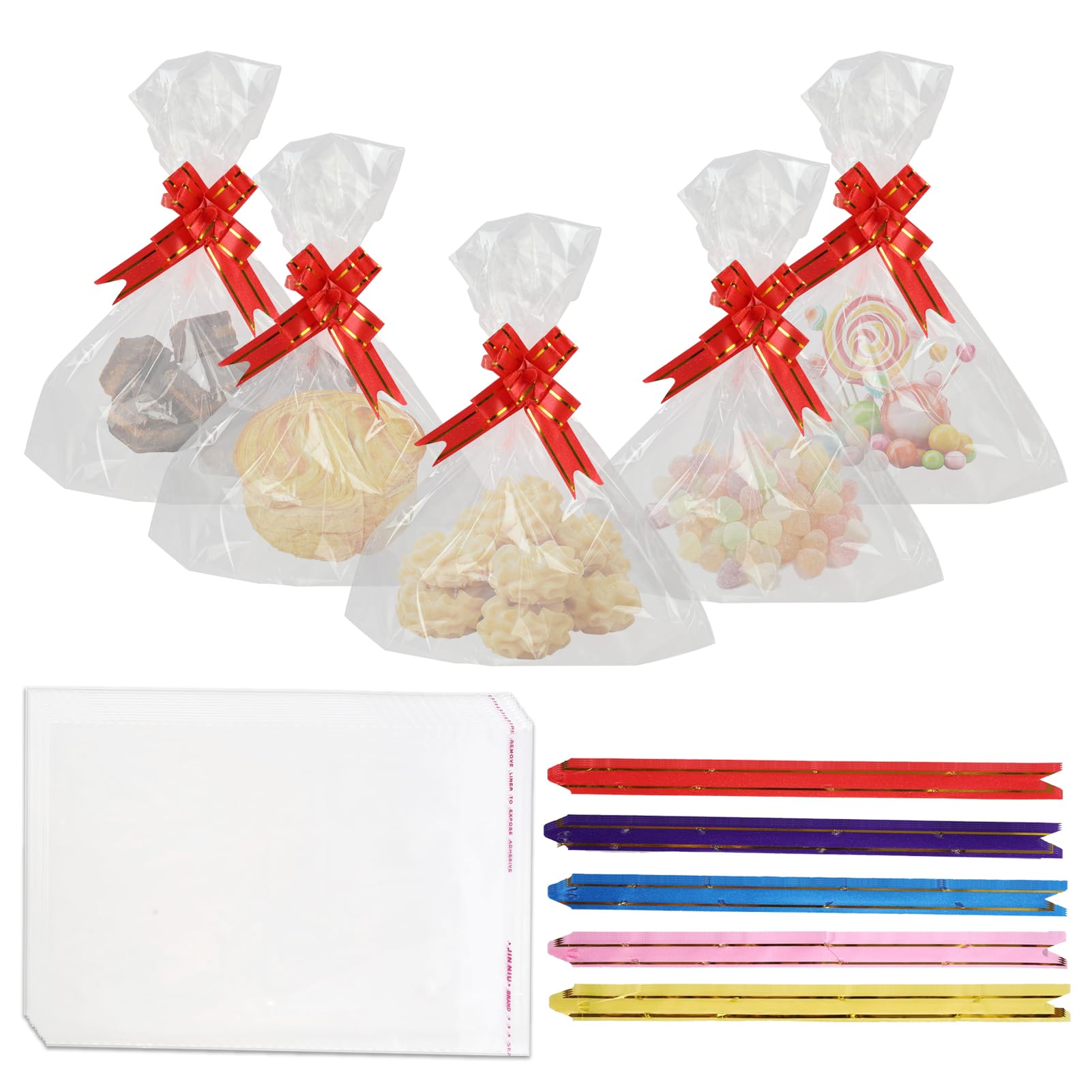 100Pcs Cellophane Bags, Clear Treat Bags with 100PCS Colorful Tie Bows, 15 x 20cm Flat Plastic Candy Bags with Block Bottom for Party Favors, Wedding, Birthday, Gift Packaging and Storage