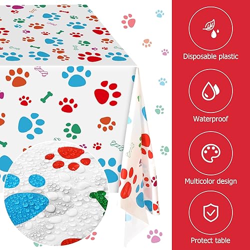 Miniatura 6 de Tegeme Mantel de plástico desechable con estampado de patas de cachorro, 3 unidades, 54 x 108 pulgadas, funda de mesa con estampado de patas de
