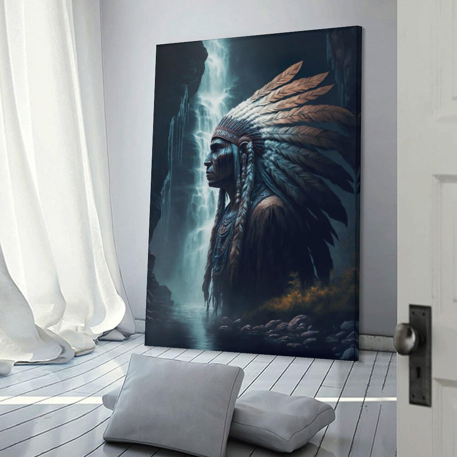 Junmoney Frame-Style-18 Native American Warrior With Feather Headdress Wall Decor Canvas Print, 24X36inch(60X90cm), For New Home Styling, Lounge Or Bedroom, Stylish Wall Art For Fresh Spaces