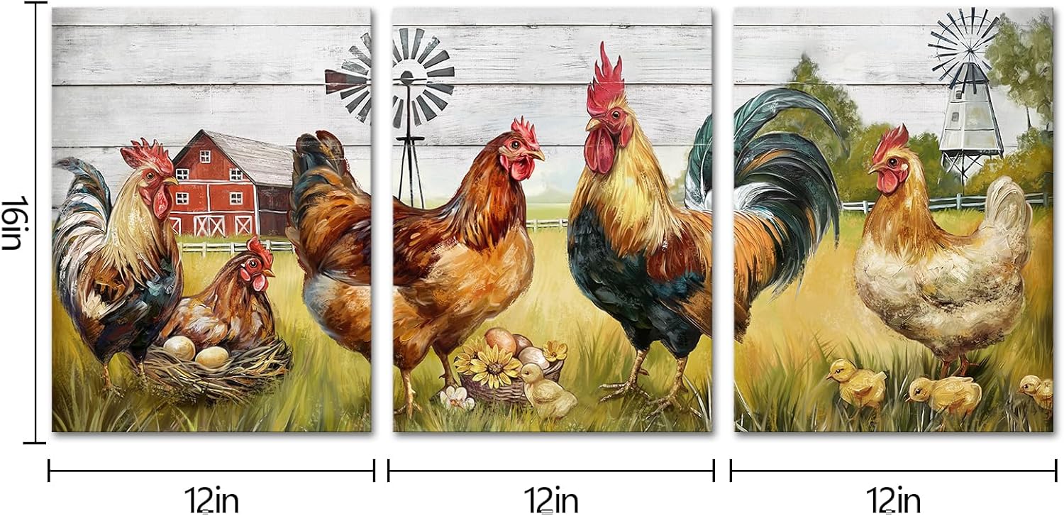 HOMEOART Farmhouse Wall Art Rooster Canvas Wall Art Farm Barn Chicken Pictures Wall Decor Prints Framed 12x16inchx3Pieces,Farmhouse Kitchen Living Room Decor