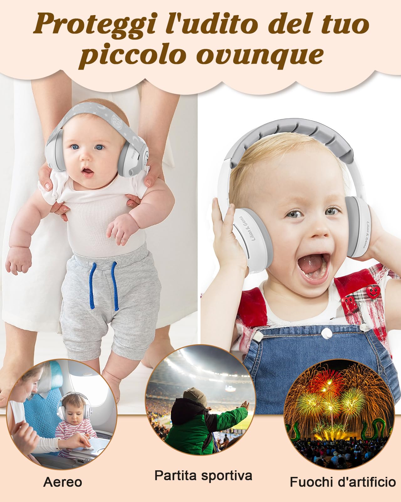Lilian&Gema 2 in 1 Cuffie Neonato Antirumore -25dB,Protettori acustici per neonati, archetto regolabile, antiscivolo e antistress, protezione acustica ideale per neonati fino a 48 mesi