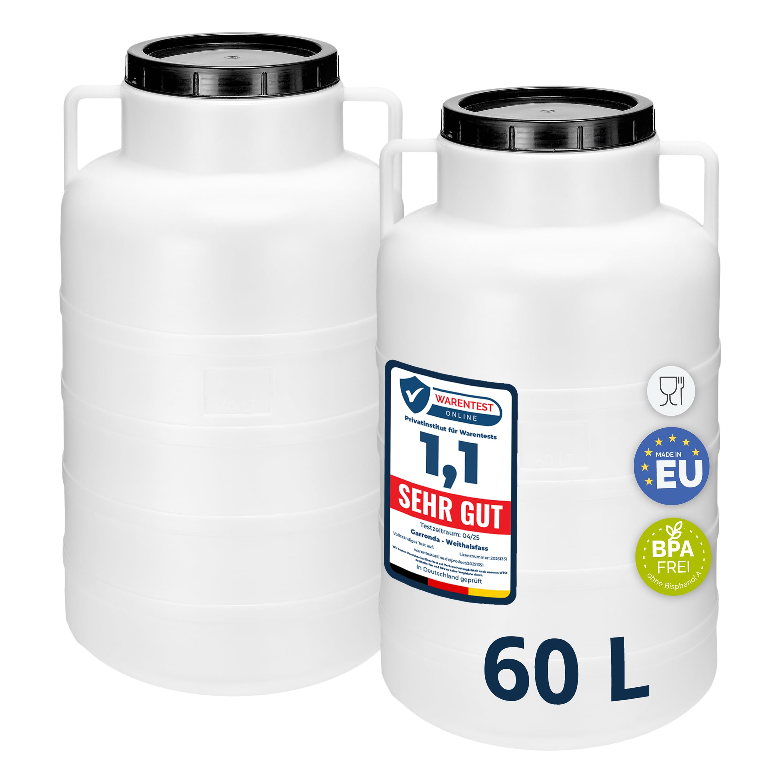 Garronda Set 2X 60 Liter Weithalsfass BPA-frei Futtertonne Fass Universalfass Lebensmittel Fass Regenfass für Garten Regentonne mit Deckel Regenwassertonne für Garten Wassertonne GD-0128 Weiß