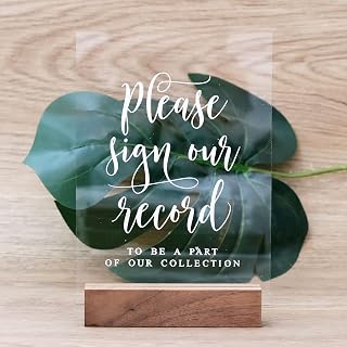 Acrylic Wedding Record Guestbook Sign with Wood Stand- Please Sign Our Record To Be A Part Of Our Collection, 5” x 7" Glass Look Clear Acrylic Table Sign with Holder for Wedding Reception