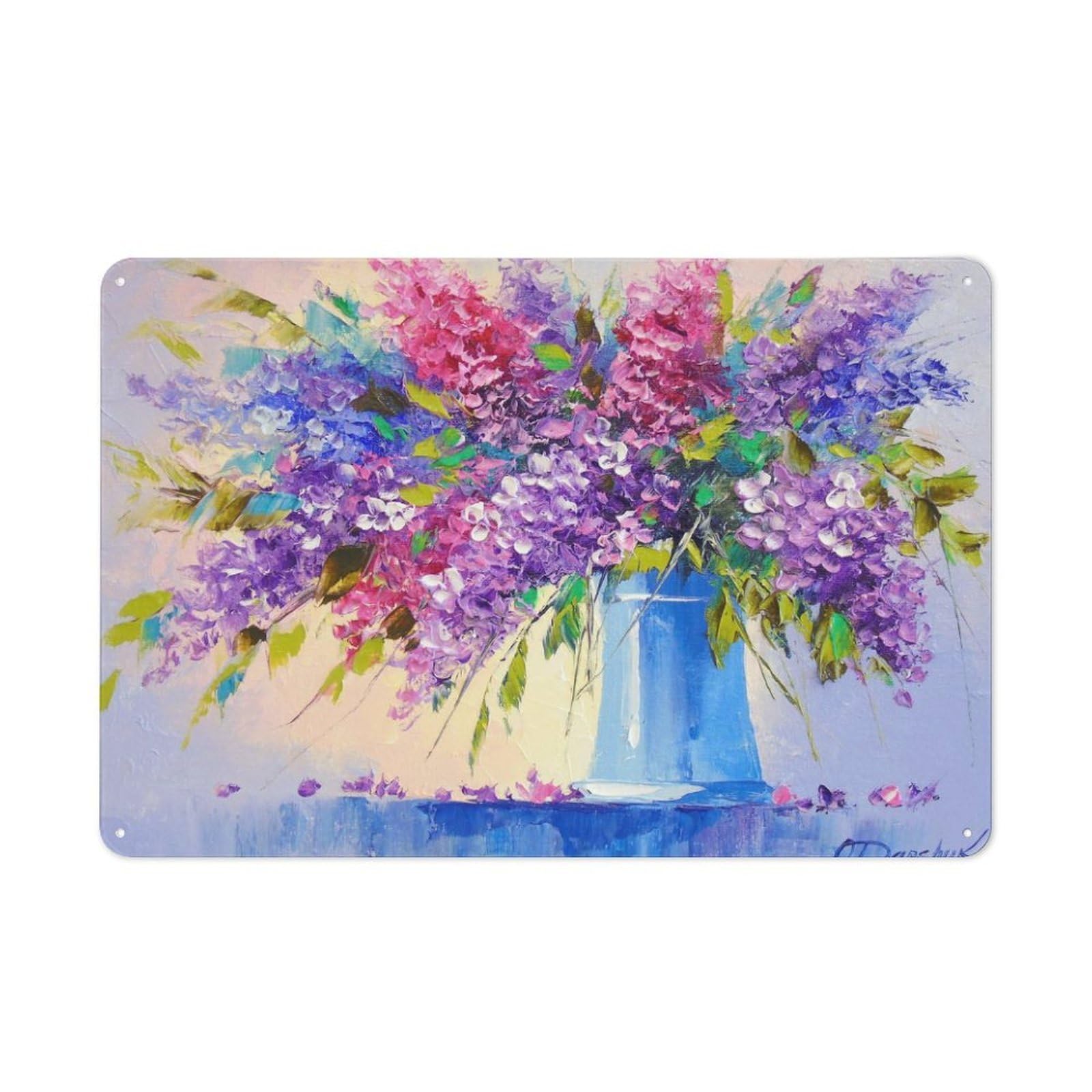 Junmoney Style-18 Metal Wall Plaque With Bouquet Of Lilac Design 20X30cm, Old Fashioned Vintage Wall Decor For Living Room, Hallway, Kitchen Or Cafe