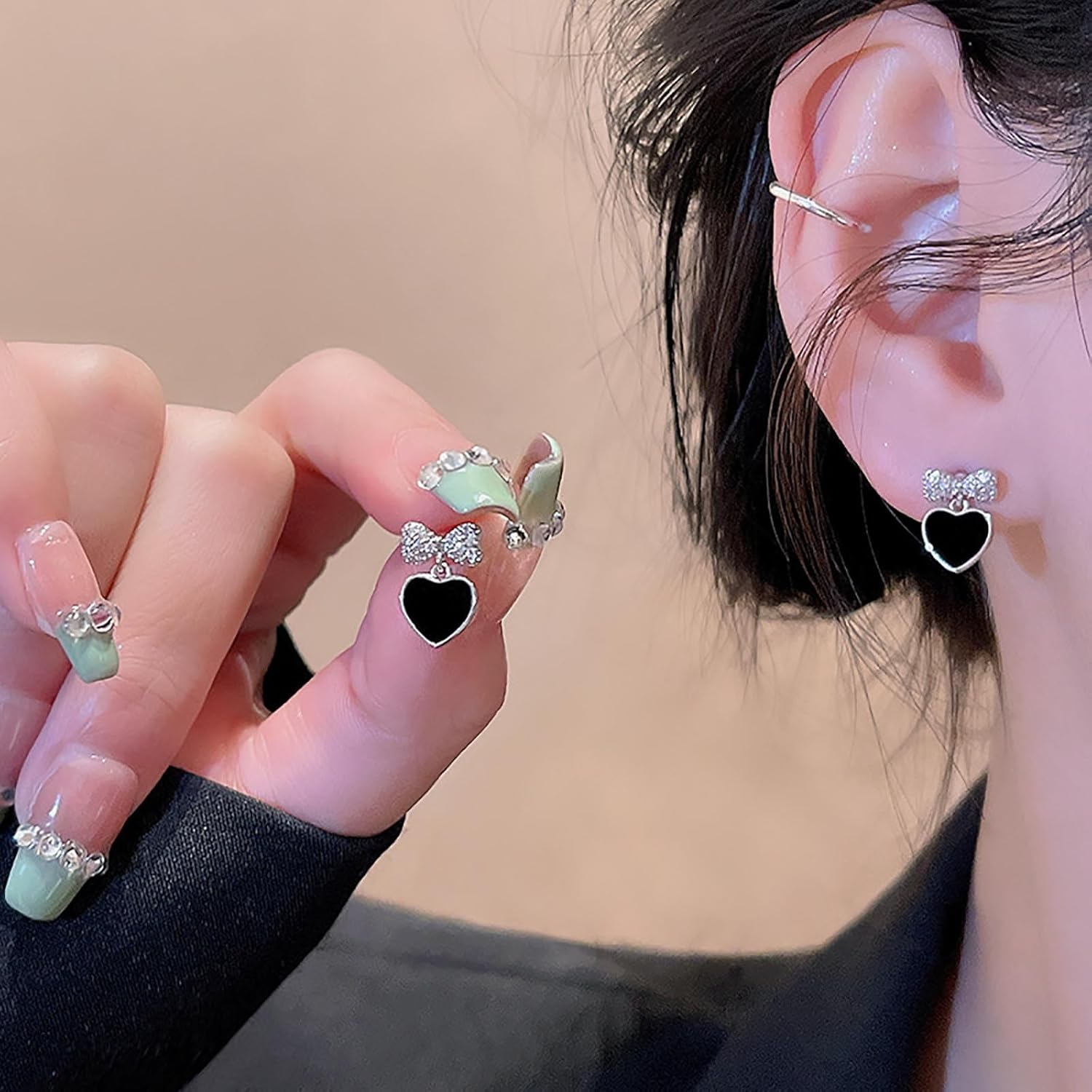 W WEILIRIAN Black Heart Earrings for Girls Boho Tiny Bow Earrings Love Heart Stud Earrings Crystal Bow Knot Earrings for Women Gifts - Image 7