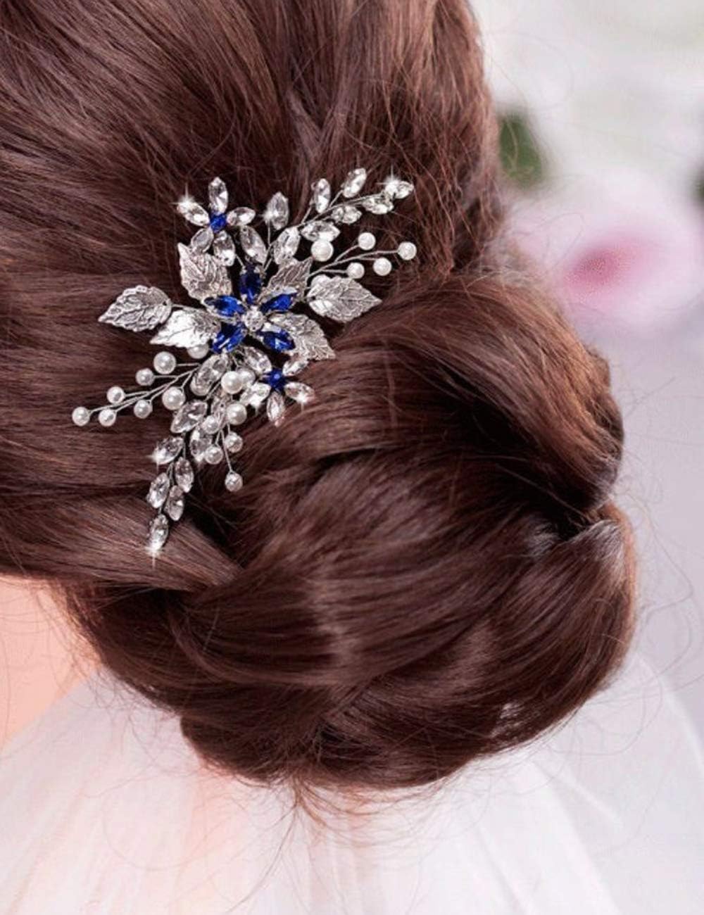 Women Crystal Blue Flower Headpiece Leaf Pearl Hair Vine Comb Silver Wedding Hair Accessory Party Headpiece for Bride Bridesmaid silver