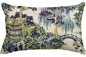 AVOIN colorlife Chinoiserie Blue Trees House Bridge Throw Pillow