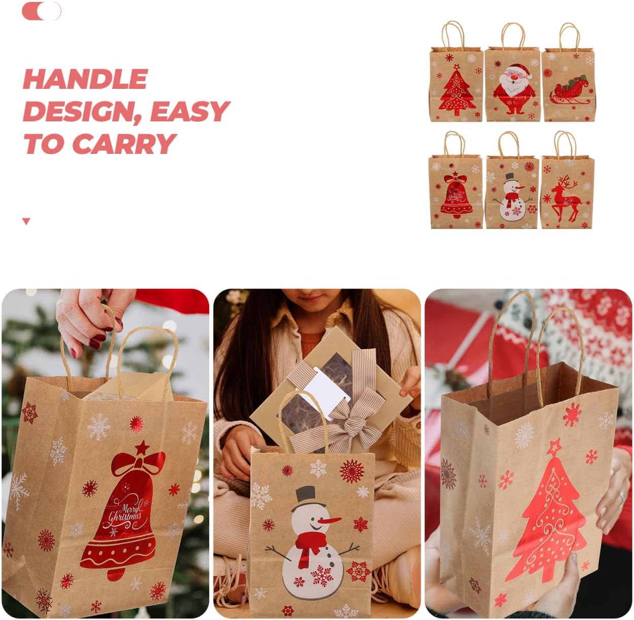FOMIYES 24PCS Christmas Kraft Gift Bags 6 Styles Xmas Wrapping Paper Bags with Handles Reusable Treat Bag for Holiday Party Favor Supplies