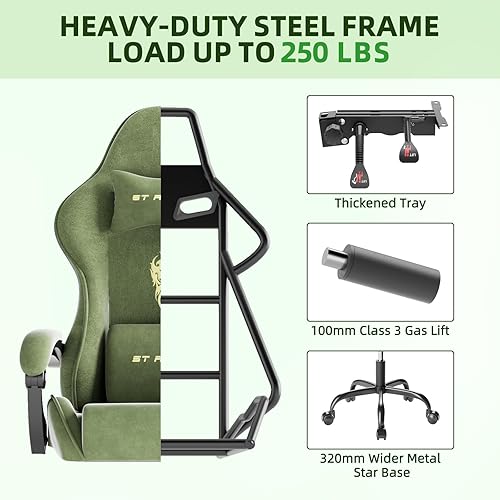 Miniatura 8 de Ferghana Silla de juegos de tela de terciopelo, silla ergonómica de respaldo alto para adultos, cómoda silla de videojuegos con reposapiés y cojín