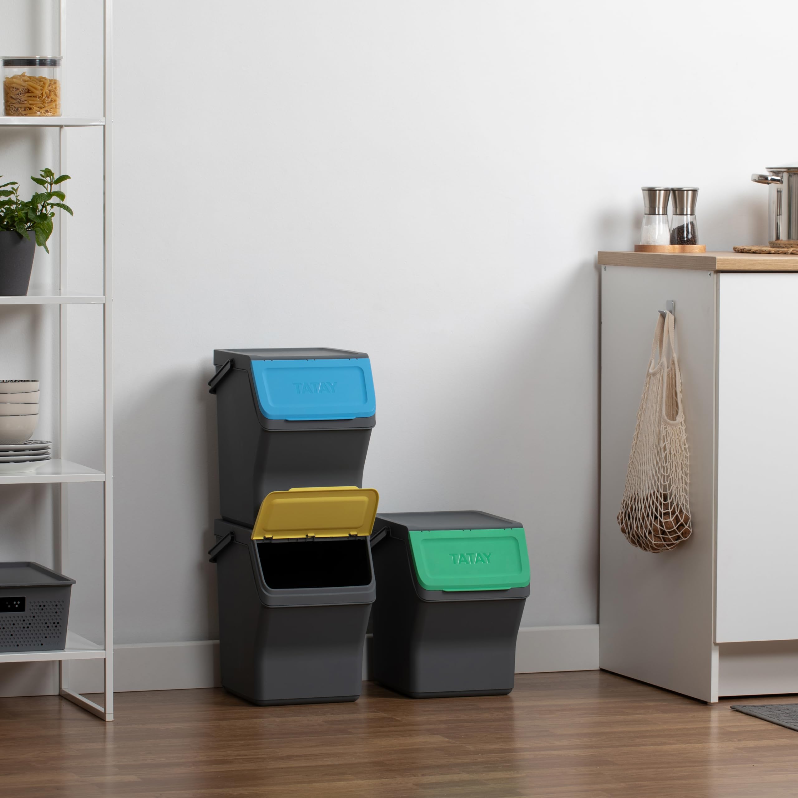 TATAY Mülltrennsystem Easy Waste 3-teiliges Set 3er Set Recycling Behälter | Mülltrennsystem Haushalt | Volumen 20 L | 35x27x36 cm | Modulares Design | Deckel mit Klicksystem | Recyceltem Material, Grau