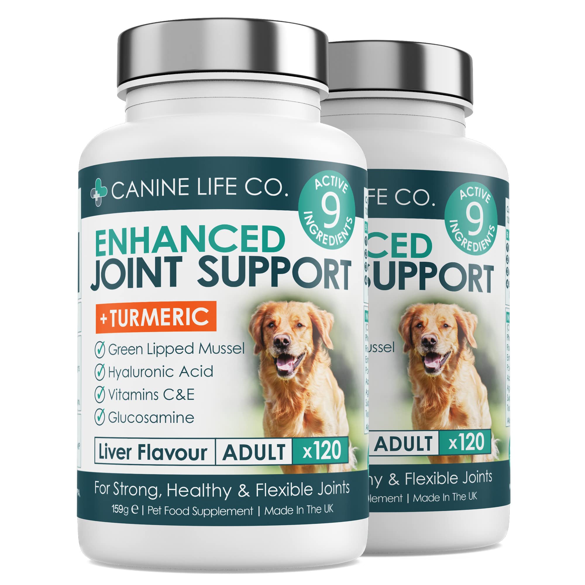 Canine Life Co. Enhanced Adult Dog Joint Supplements With Turmeric, Glucosamine & Green Lipped Mussel | 240 Chewable Tablets | Made In The UK (2 Pots (240 Tablets))