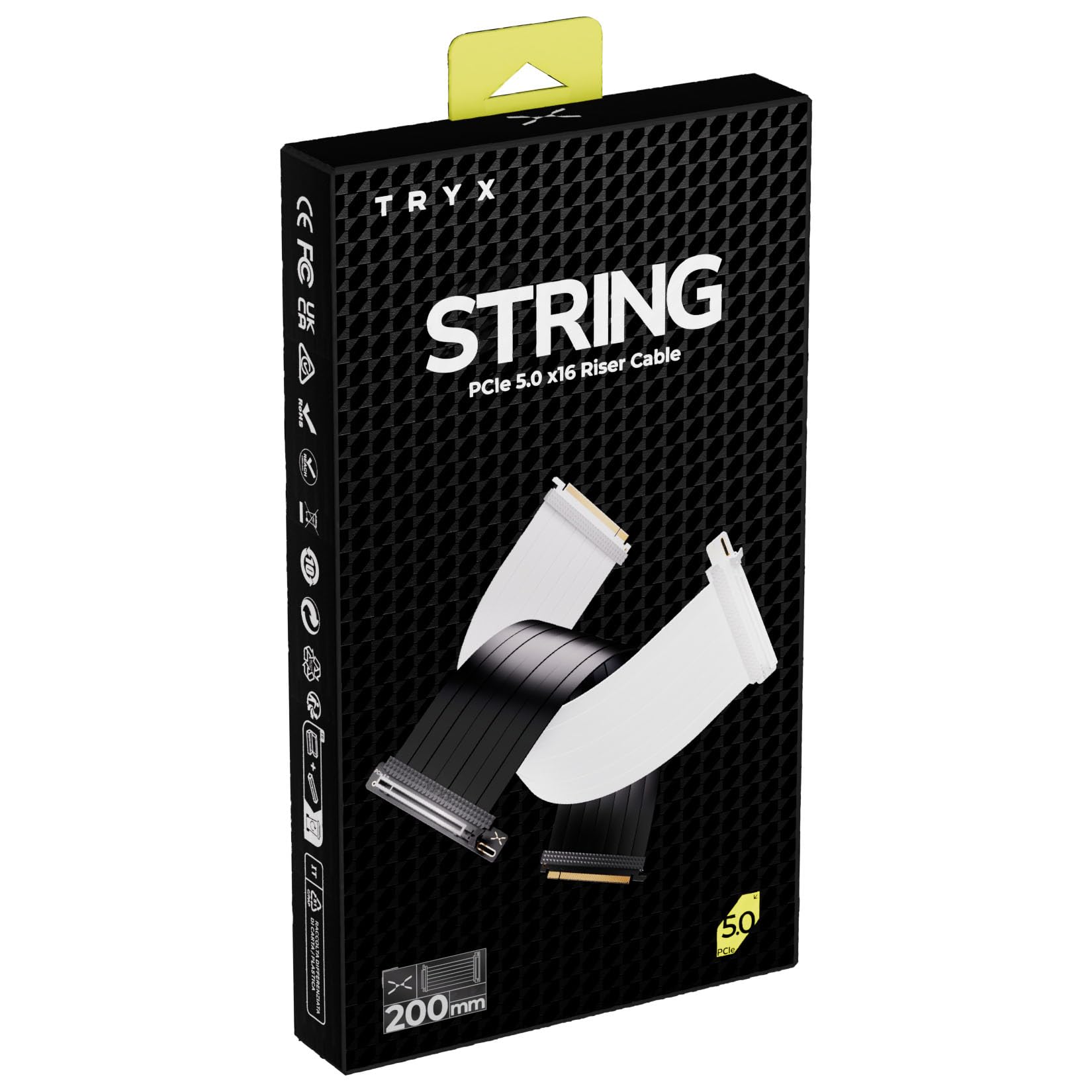 TRYX STRING PCIe 5.0 x16 Riser-Kabel 200 mm – Weiß | 128 GB/s Bandbreite, vergoldete Kontakte, flexible Sleeve-Ummantelung, stabile Leistung für moderne GPUs