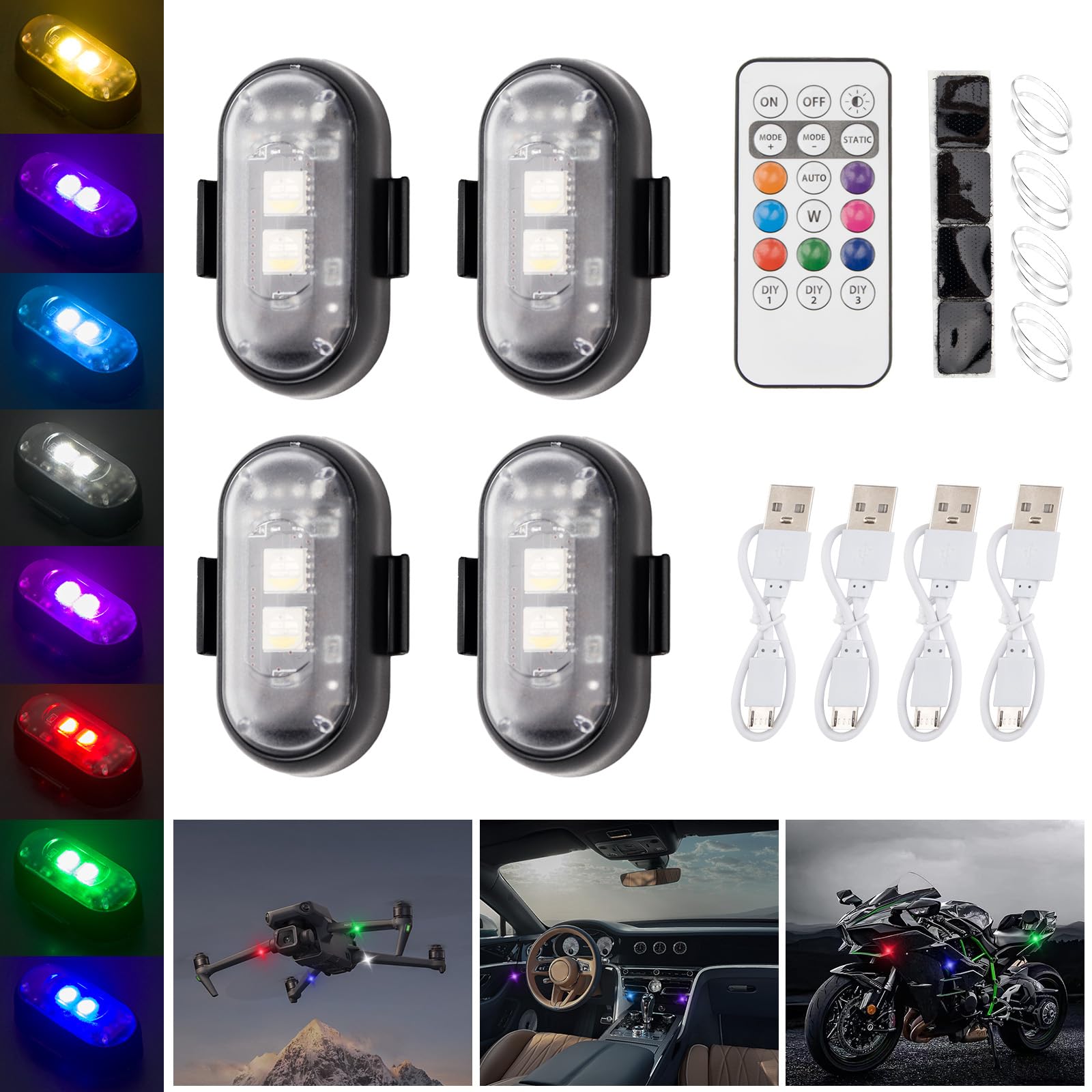 Lot de 4 mini lumières stroboscopiques LED sans fil avec télécommande, étanches, chargement USB, 8 couleurs, haute luminosité, anti-collision pour voiture, drone, camion, automobile et vélo, sangle