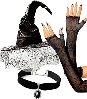 Sombrero de bruja negro para mujer, accesorios de disfraz, qué sombreros, guantes de encaje de araña, mangas de brazo y collar de bruja con dije