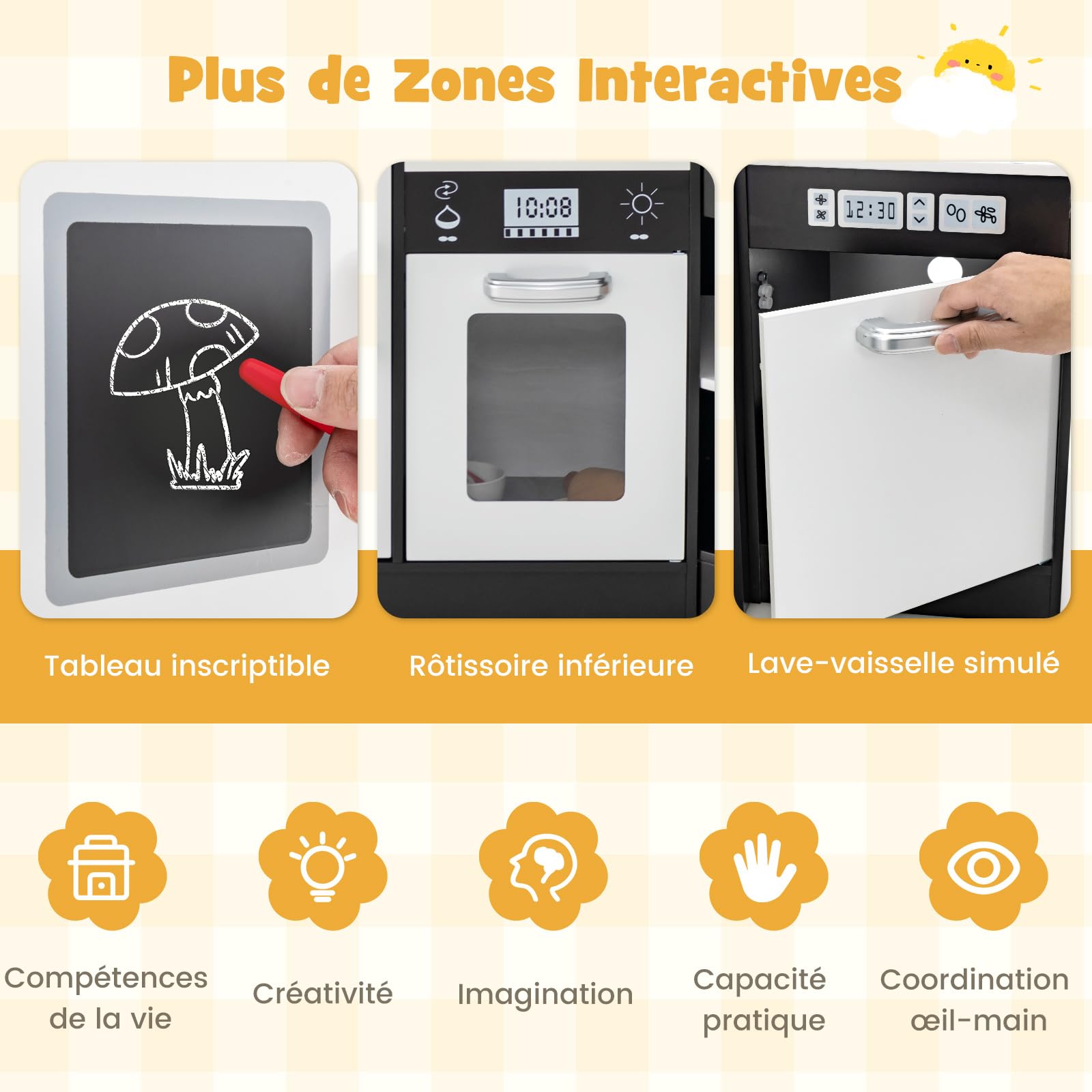 GOPLUS Cuisine en Bois Enfant, Cuisine d'angle avec Tableau Noir, Hotte, Micro-Ondes, Four, Effets Lumineux et Sonores, Accessoires Riches, Jouet d'Imitation pour Enfant 3+ Ans (Café)