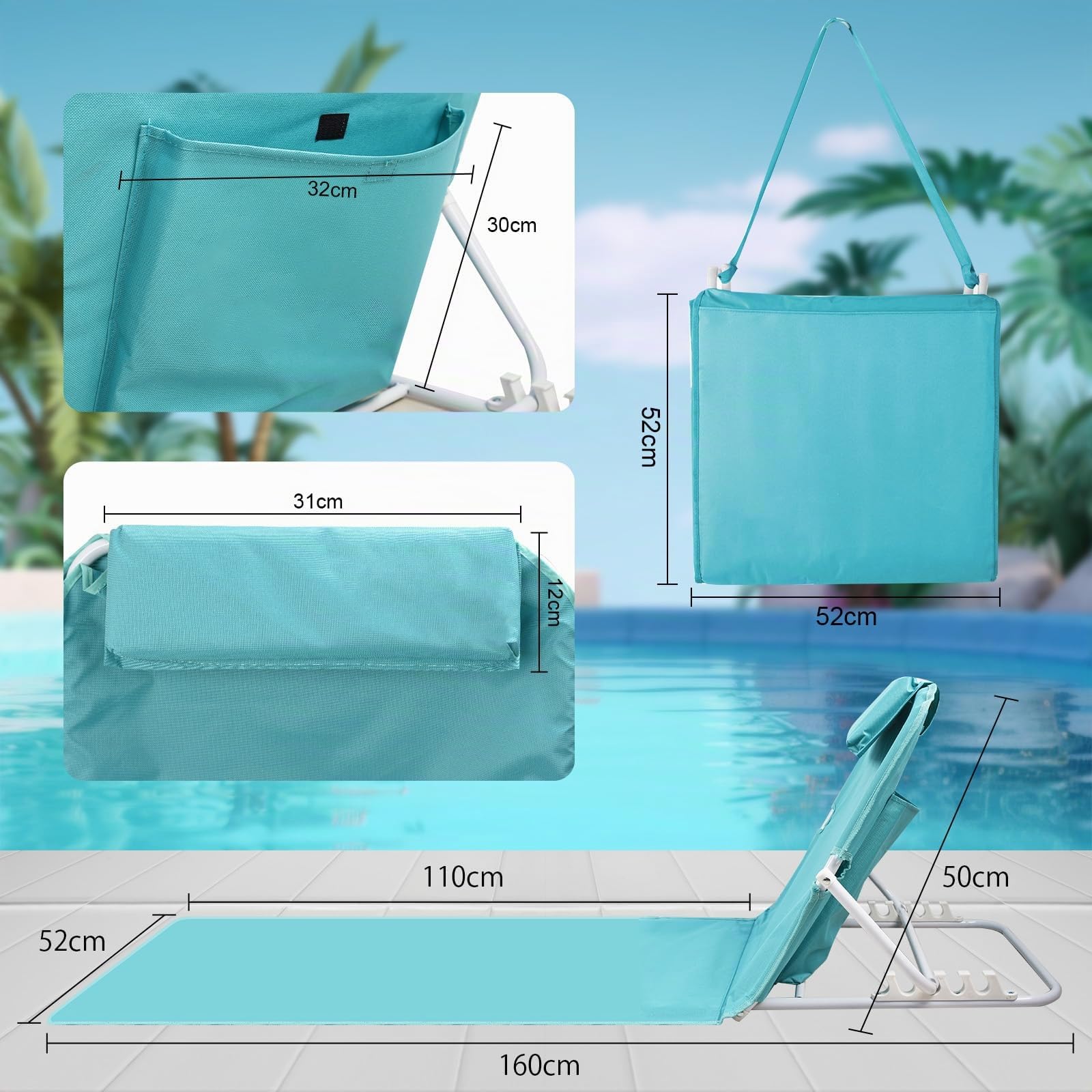 Lot de 2 Tapis de Plage, Bain de Soleil, Chaise Longue, Transat de Plage, avec Appui-tête - Bandoulières - Dossier Réglable 5 Positions, pour Camping, Jardin, Piscine, 160 x 52 cm, Bleu Lac