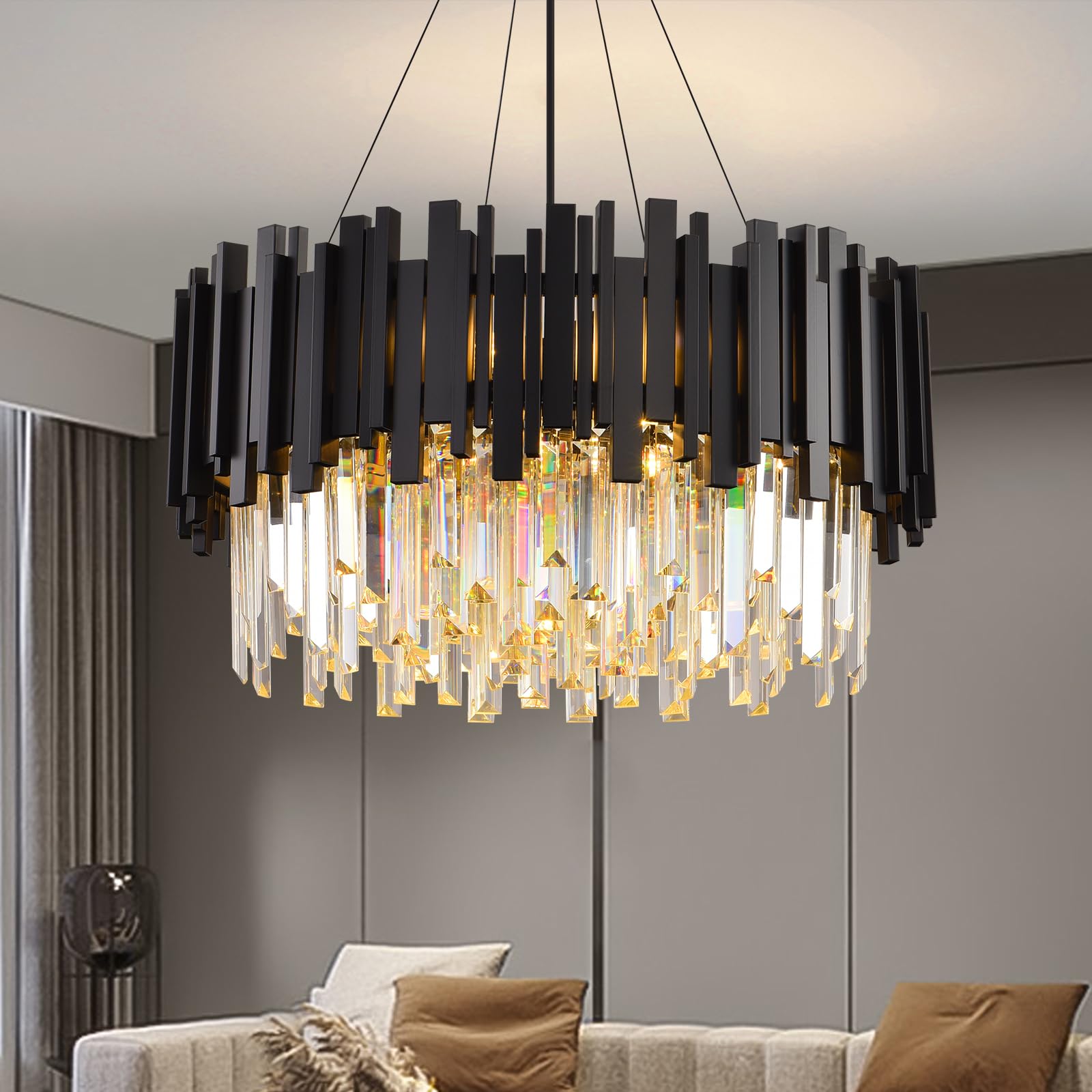 YZBEIMDAI Lampadario Moderno di Cristallo, Nero Lampada a Sospensione Rotonda di Cristallo, 9×E14 Portalampada Luce Pendolare per soggiorno, sala da pranzo