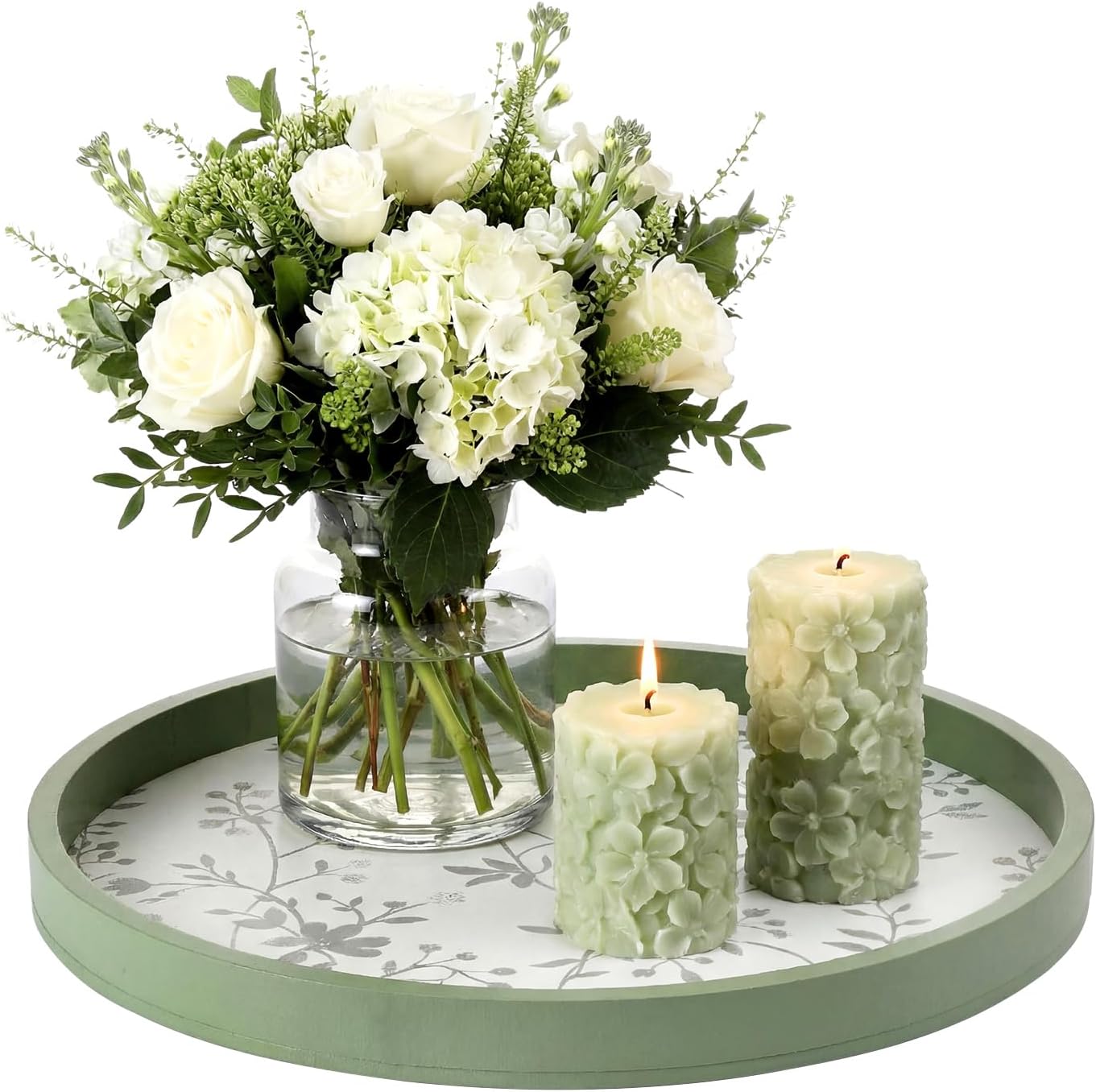 Novabright Sage Green Wooden Serving Tray, Round Boho Cottagecore Tray for Coffee Table, Decorative Farmhouse Plate for Fruit, Bread, Dining Room & Entryway