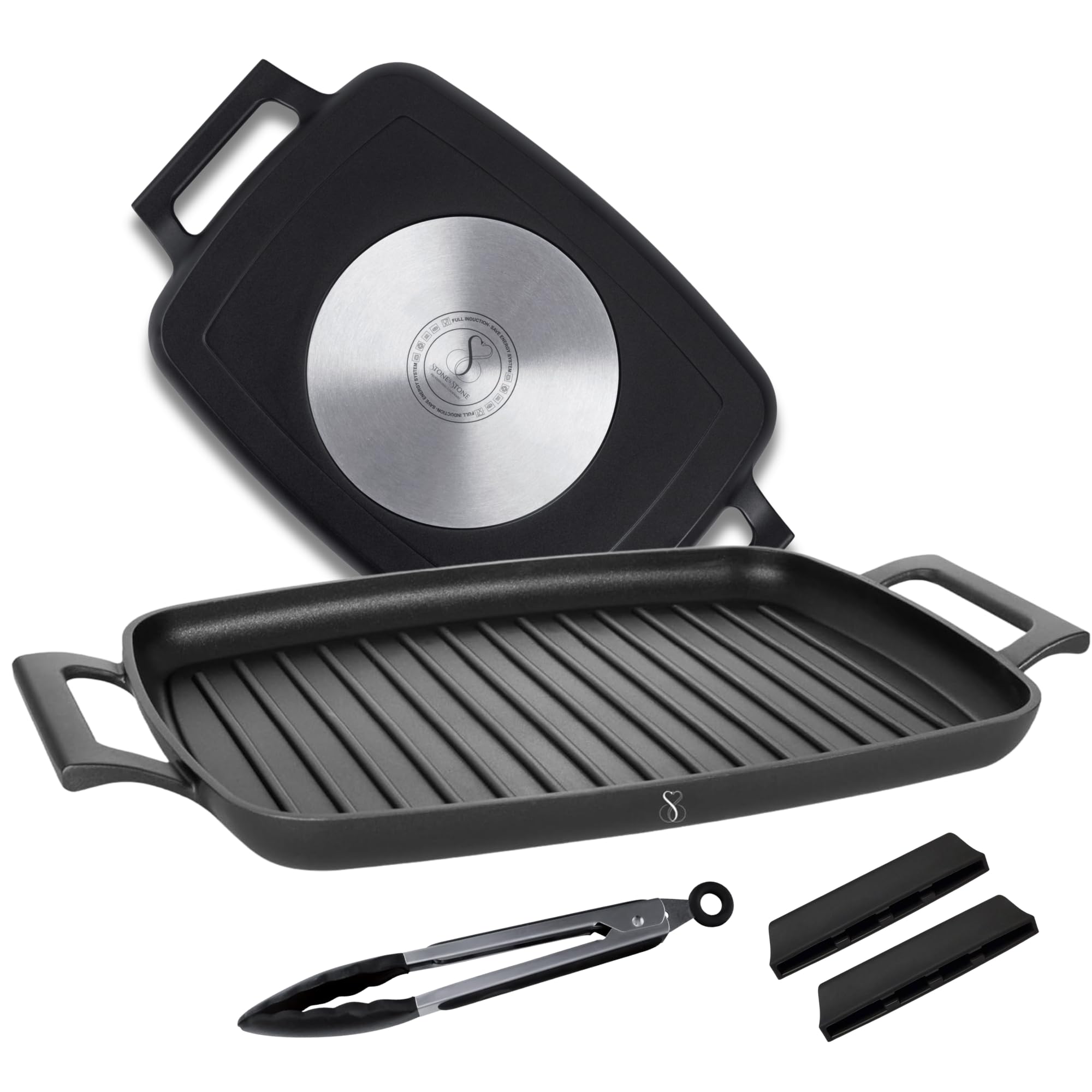 Stone&Stone Piastra Grill Induzione Rettangolare, Bistecchiera BBQ Professionale Super Antiaderente, Rivestimento Tedesco Greblon, Fondo Acciaio Pieno, Forno e Gas, Senza PFAS, PTFE e PFOA + pinza
