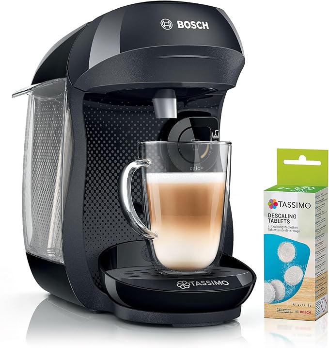 Tassimo by Bosch HAPPY Friendly Pod Coffee Machine with descaling bundle (x4 tablets included) TAS102EAGB, Black